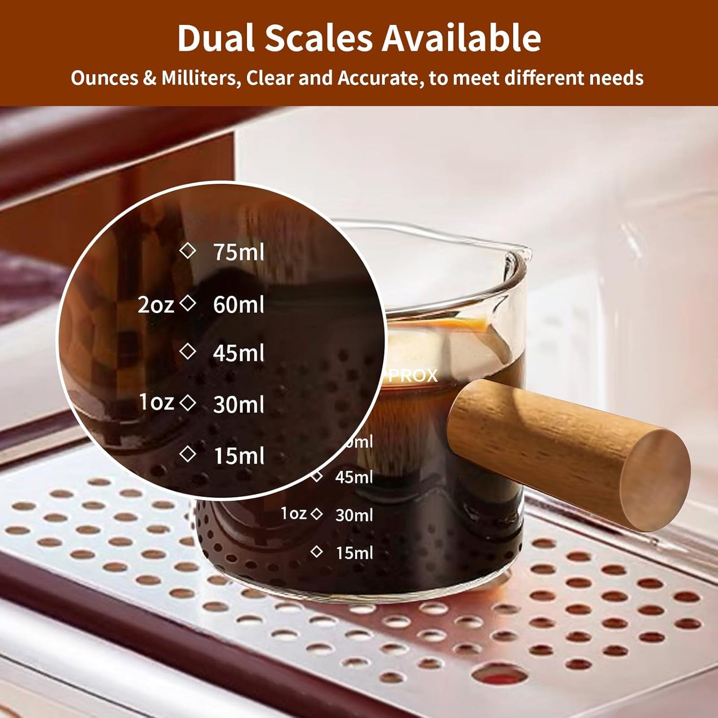 YARRAMATE 3oz Espresso Shots Cup with Wood Handle (2 Pack), Clear Glass Espresso Machine Accessories, Espresso Measuring Cup with Dual Scale, Espresso Shot Glass with Single Spout