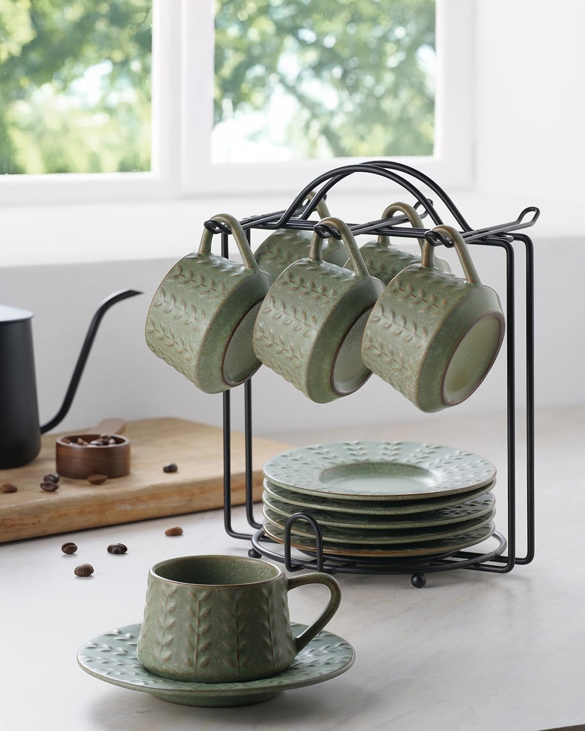 Espresso Cups Set of 6, 4 oz Demitasse Cups with Saucer and Metal Stand Small Coffee Cup Set, Porcelain Cappuccino Cups for Latte, Cafe Mocha and Tea, Green