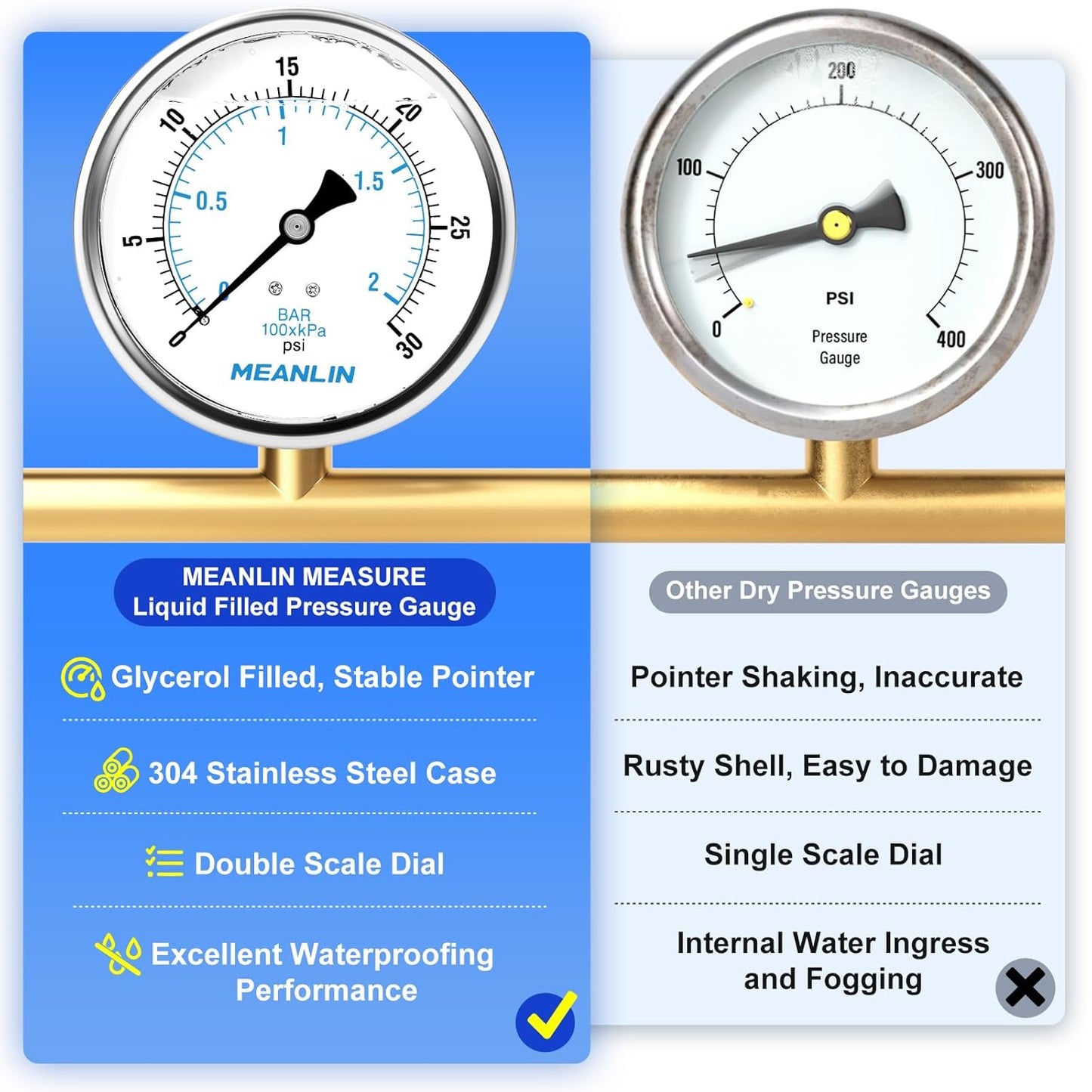 MEANLIN MEASURE 0~30Psi Stainless Steel 1/4" NPT 4" FACE DIAL Liquid Filled Pressure Gauge WOG Water Oil Air Back Mount, with 1/4" x 1/2" NPT and 1/4" x 3/8" NPT Hex Bushing