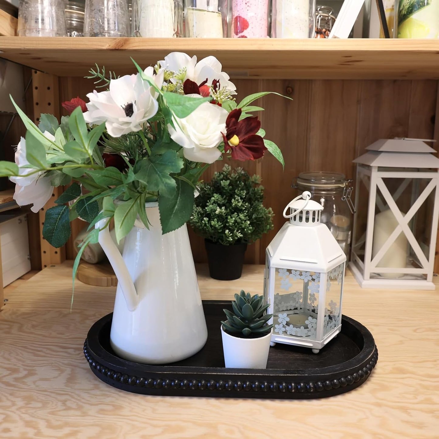 Vintage Black Oval Wood Decorative Ottoman Tray for Coffee Table Kitchen Counter, Living Room, Handcrafted Wooden Serving Tray for Table Centerpiece