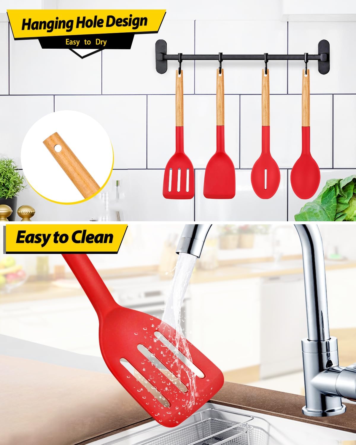 Pack of 4 Silicone Cooking Utensils Set, Non Stick Solid Spatulas and Heat Resistant Slotted Spoons with Wooden Handle, Ideal Wood Kitchen Utensils Set for Frying,Serving,Turning,Stirring (RED)