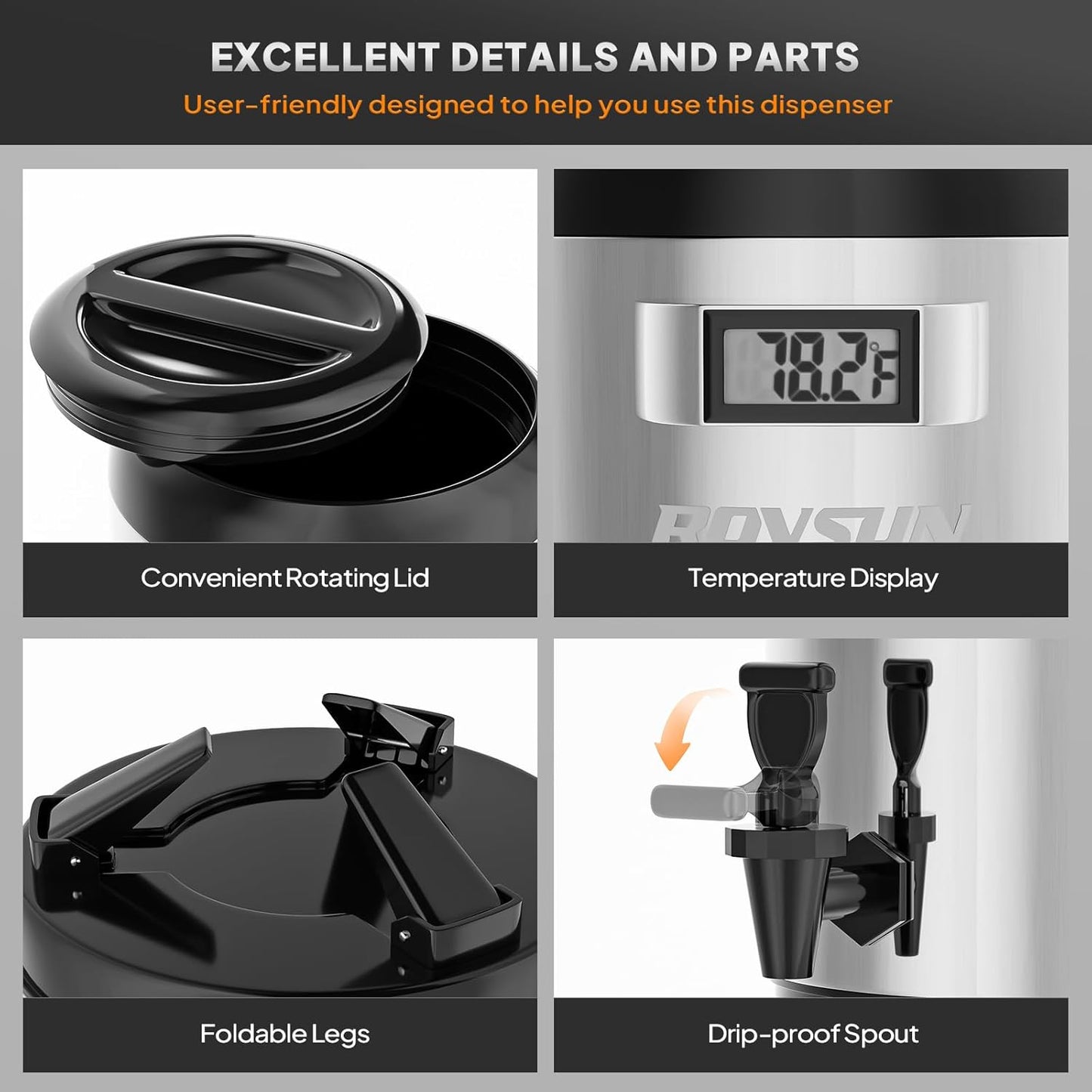 ROVSUN 4.8 Gallon Insulated Beverage Dispenser, Stainless Steel Hot and Cold Drink Dispenser, Ice and Hot Drink Server w/Spigot, Hot and Cold Beverage Server for Coffee, Tea, Milk & Juice