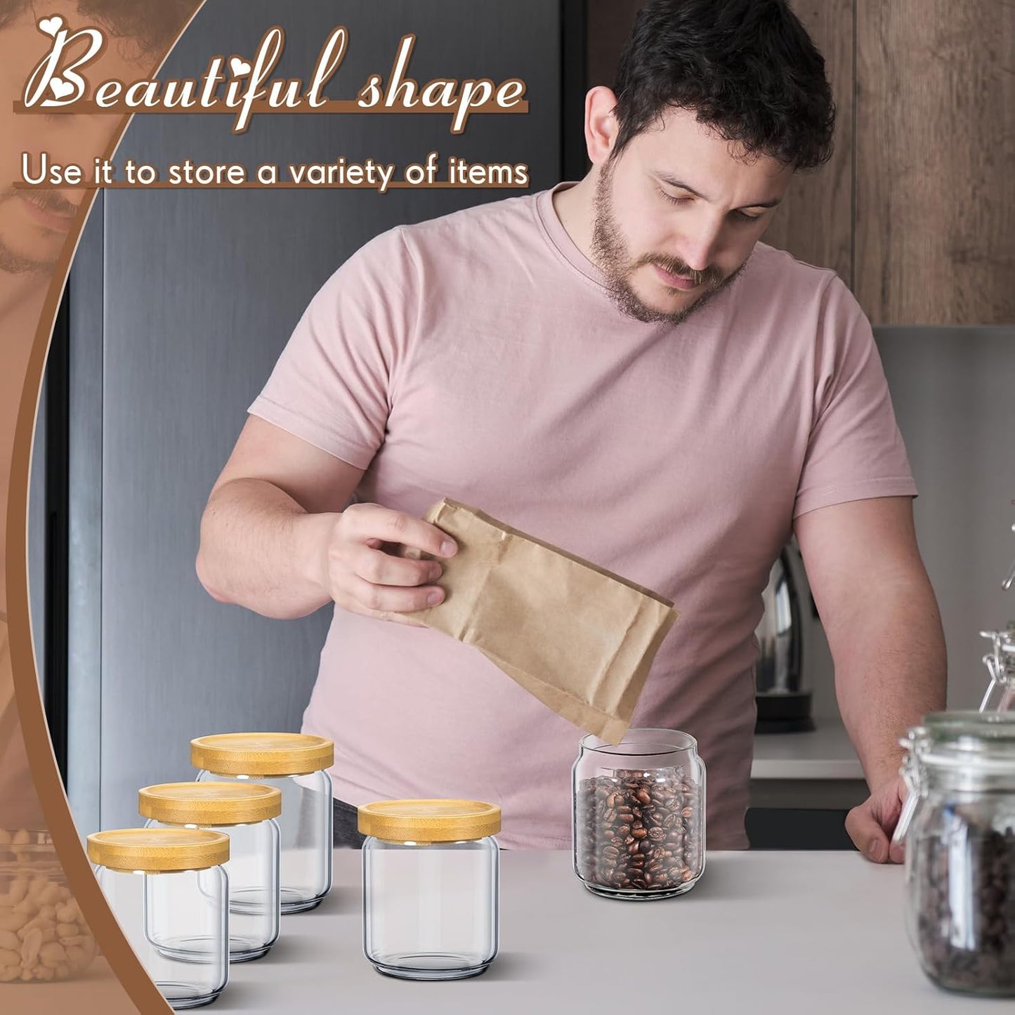 Irenare 16 Pcs 17 oz/ 500 ml Glass Canister Food Airtight Sealed Clear Borosilicate Glass Storage Jars with Lids Kitchen Spice Containers for Serving Coffee Sugar Tea Beans Candy Nuts Pantry (Bamboo)