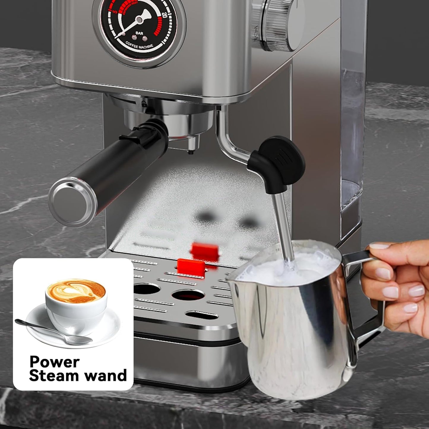 EM623 Espresso Machine 20 Bar with Steam Milk Frother, Stainless Steel Coffee Machine with Removable Water Tank for Cappuccino,Latte, Compact Stainless Steel Coffee maker for home,Great Gift