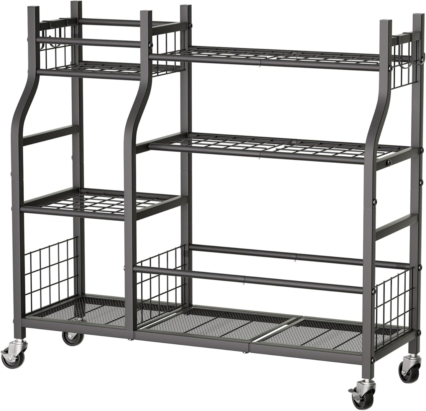 Garden Tool Organizer with Wheels for Garage and Shed, Spacious Tool Storage, Multi-Tier Design with Side Hooks for Rakes, Shovels, Brooms, and Yard Tools Rolling Cart