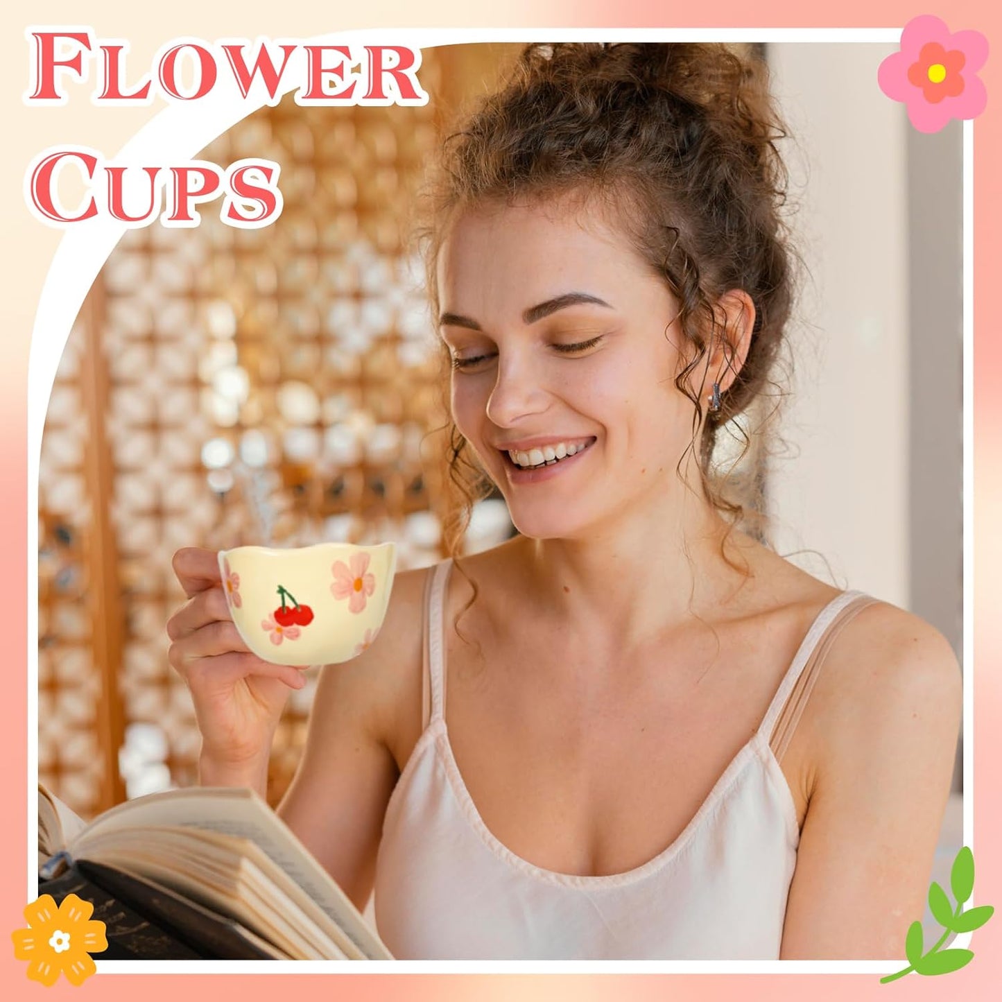 Ceramic Coffee Mug Vintage Flower Mugs 8 oz Cute Floral Coffee Mugs Irregular Latte Art Cup Lead-free Porcelain Cups for Cappuccino, Cocoa (Pink Cherry, Purple Tulips)
