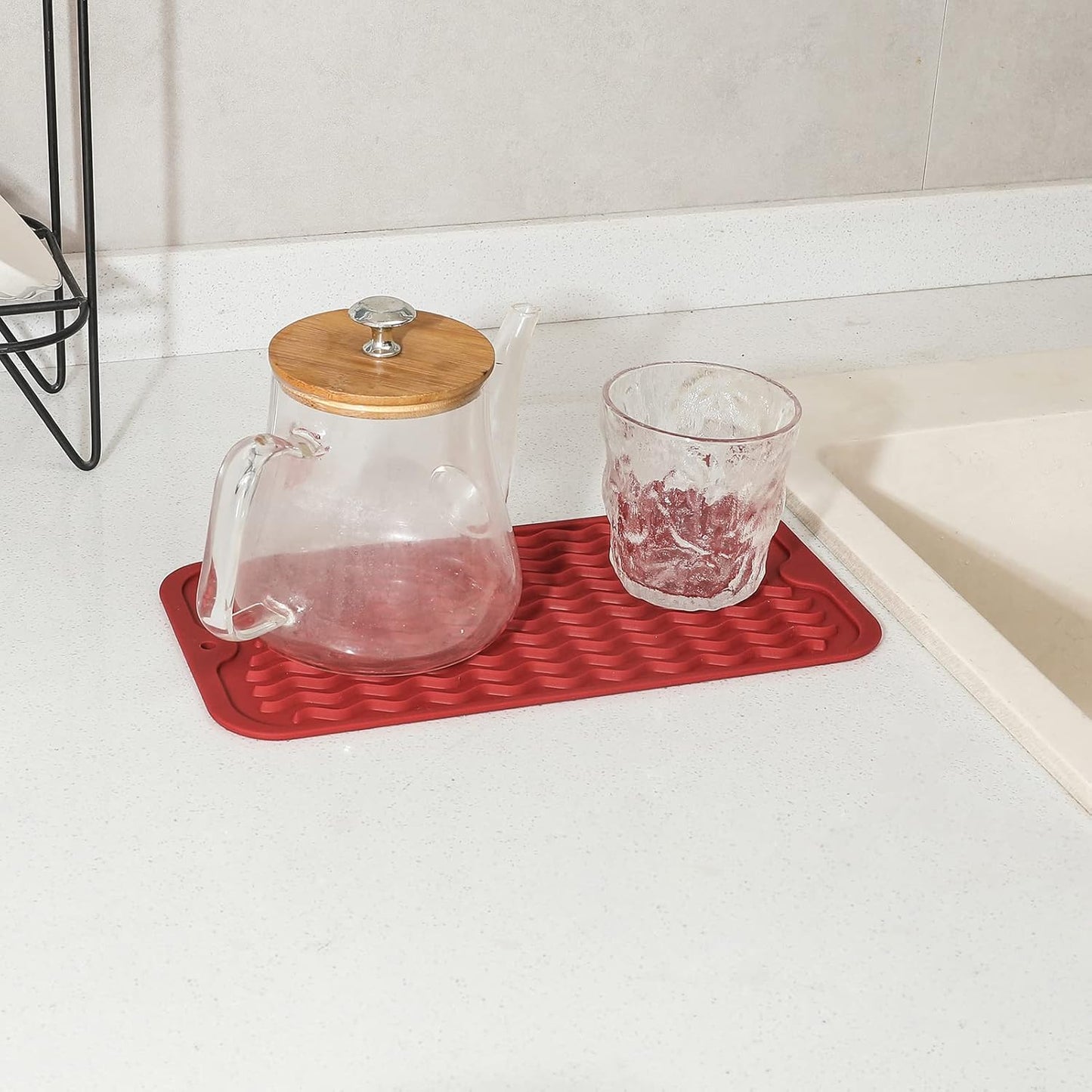 Silicone Dish Drying Mat for Multiple Usage,Easy clean,Eco-friendly,Heat-resistant Silicone Mat for Kitchen Counter or Sink,Refrigerator or Drawer Liner Red S 12 inches x 6 inches