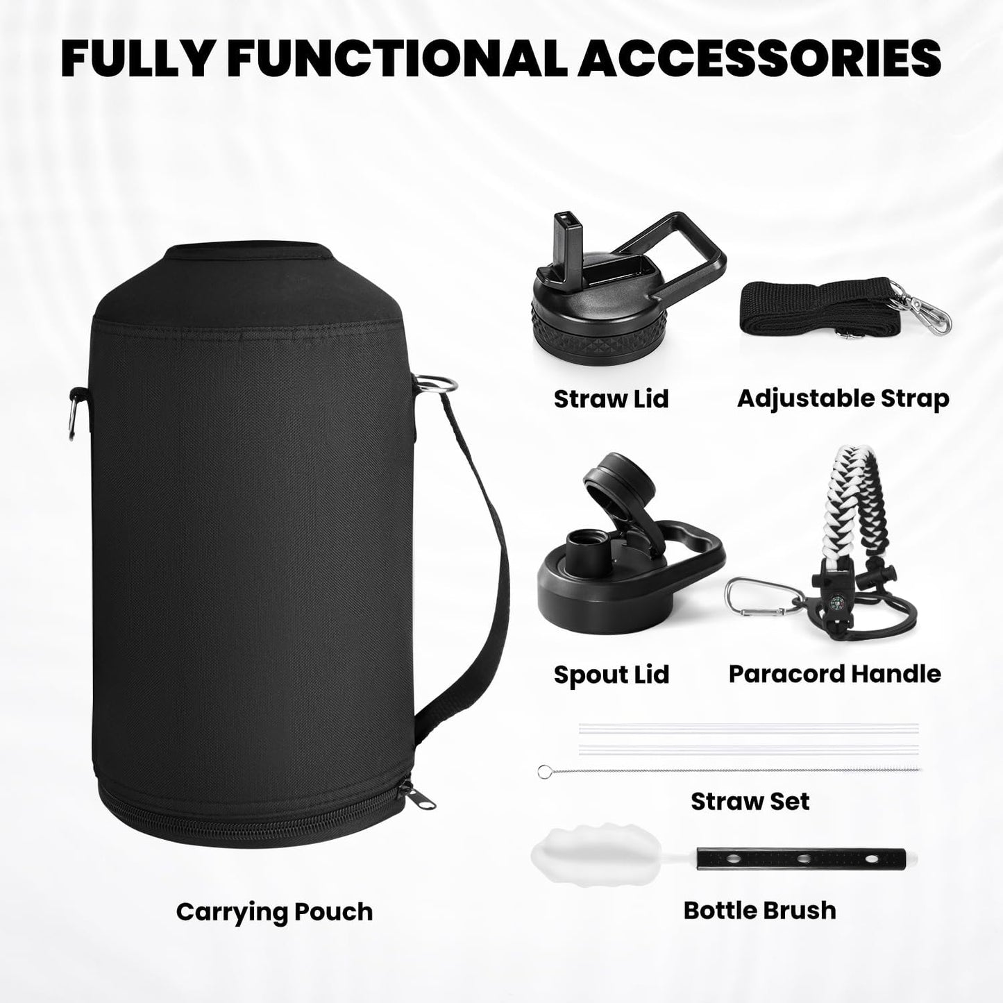 One Gallon Water Bottle Insulated, Triple Walled Vacuum Stainless Steel (Cold for 48 Hrs), Leak Proof & Non-BPA, Large Water Flask Jug with Paracord Handle & Straw Spout Lids