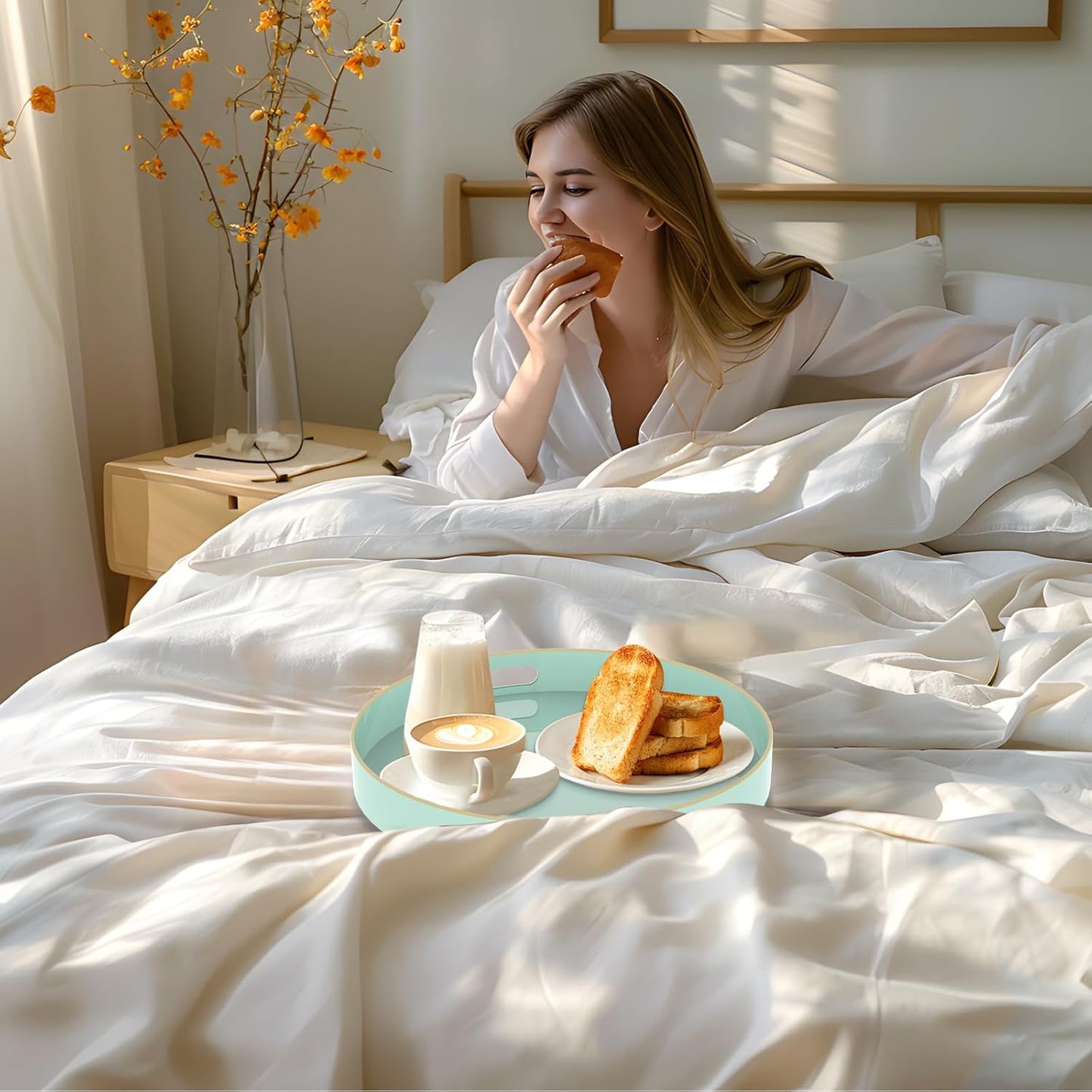 MAONAME Mint Green Decorative Tray for Coffee Table, Modern Round Serving Trays with Handles, 13" Plastic Tea Trays for Ottoman, Bathroom Decor