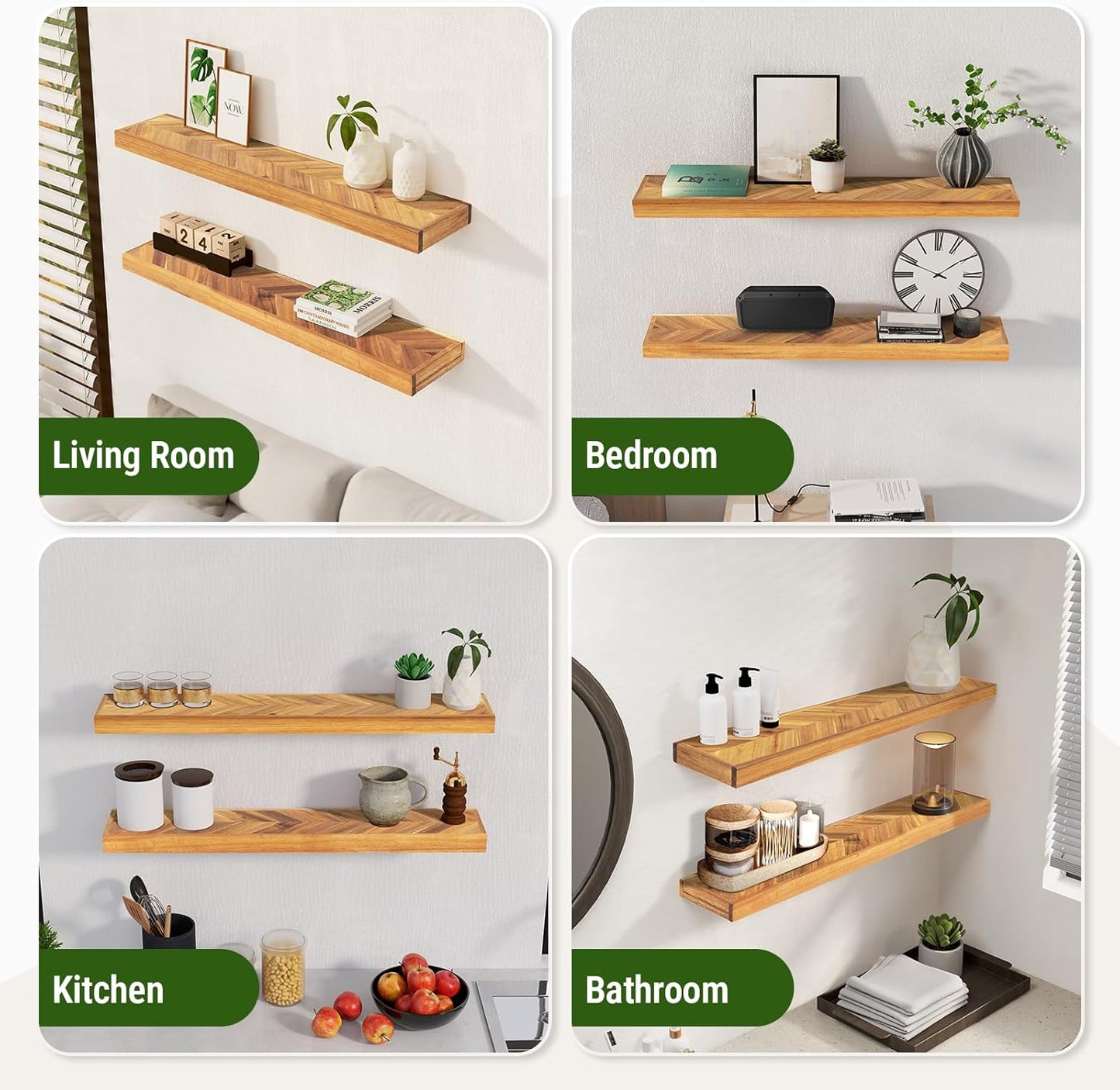 48" Rustic Farmhouse Floating Shelves – Set of 2 Acacia Wood Shelves for Stylish Wall Decor in Kitchen, Bathroom, and Office, Unique Chevron Pattern, 48x8x1.5 Inches - Set of 2 - DIY