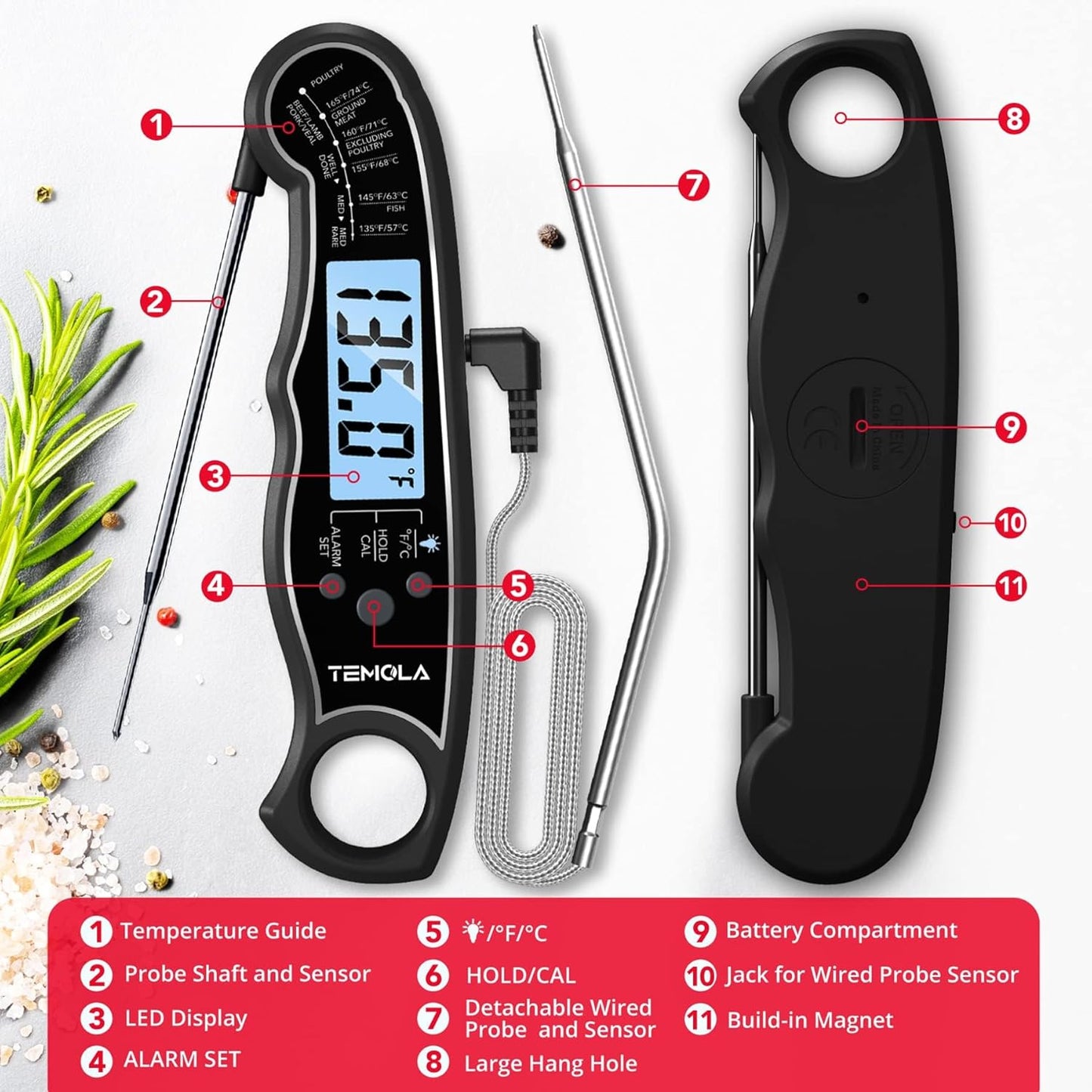 TEMOLA Meat Thermometer, Instant Read Food Thermometer for Cooking, Digital Food Thermometer with LCD Backlight for Candy Fry Grill BBQ Liquids, Kitchen Oven Safe Dual Probe 2 in 1 Thermometer
