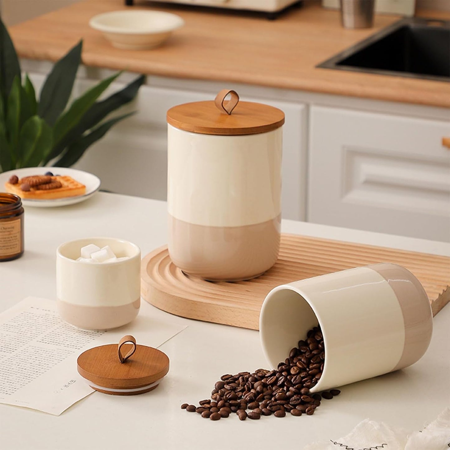 Coffee Canister, Ceramic Food Storage Jars with Lids Salt Matcha Container Brown Sugar Container Bowl for Kitchen Tea, Coffee Beans, Spice (#001Khaki-44oz/1300ml)