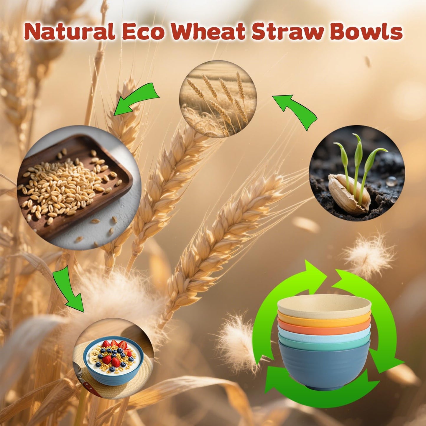 Wheat Straw Camping Bowls Sets of 6,Unbreakable 26oz Lightweight Bowls Sets for Outdoors Activity,Breakfast Bowls for Cereal and Salad.Vibrant Series