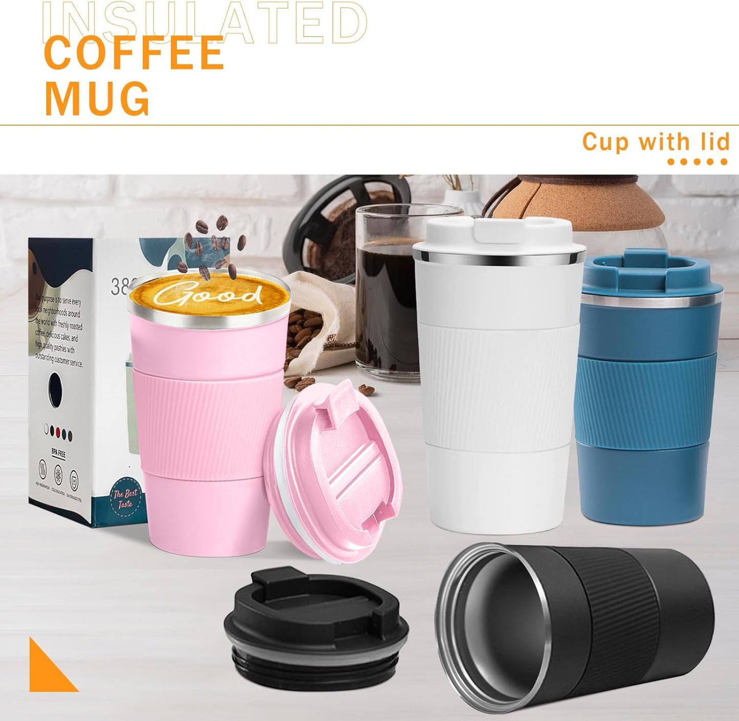 YINBAOGE Insulated Travel Coffee Mug Spill Proof Leak Proof Pobtable To Go Camping Stainless Steel Coffee Tumbler Reusable Coffee Cups with Lids Thermos for Hot and Cold Drink (Pink, 12 OZ)