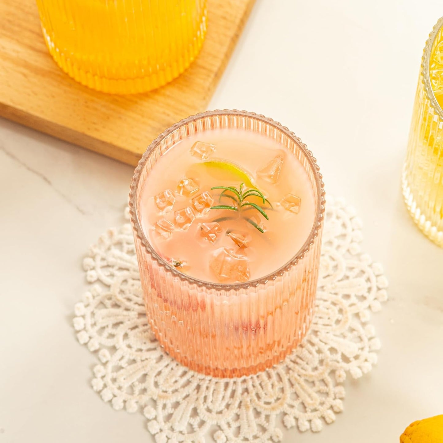 Vintage Ribbed Glassware Set: 6pcs 16.9oz XL Drinking Glasses, Fluted Ripple Drinkware, Origami Style, Elegant Glassware for Whiskey, Cocktail, Iced Coffee, Juice, Beer, Soda