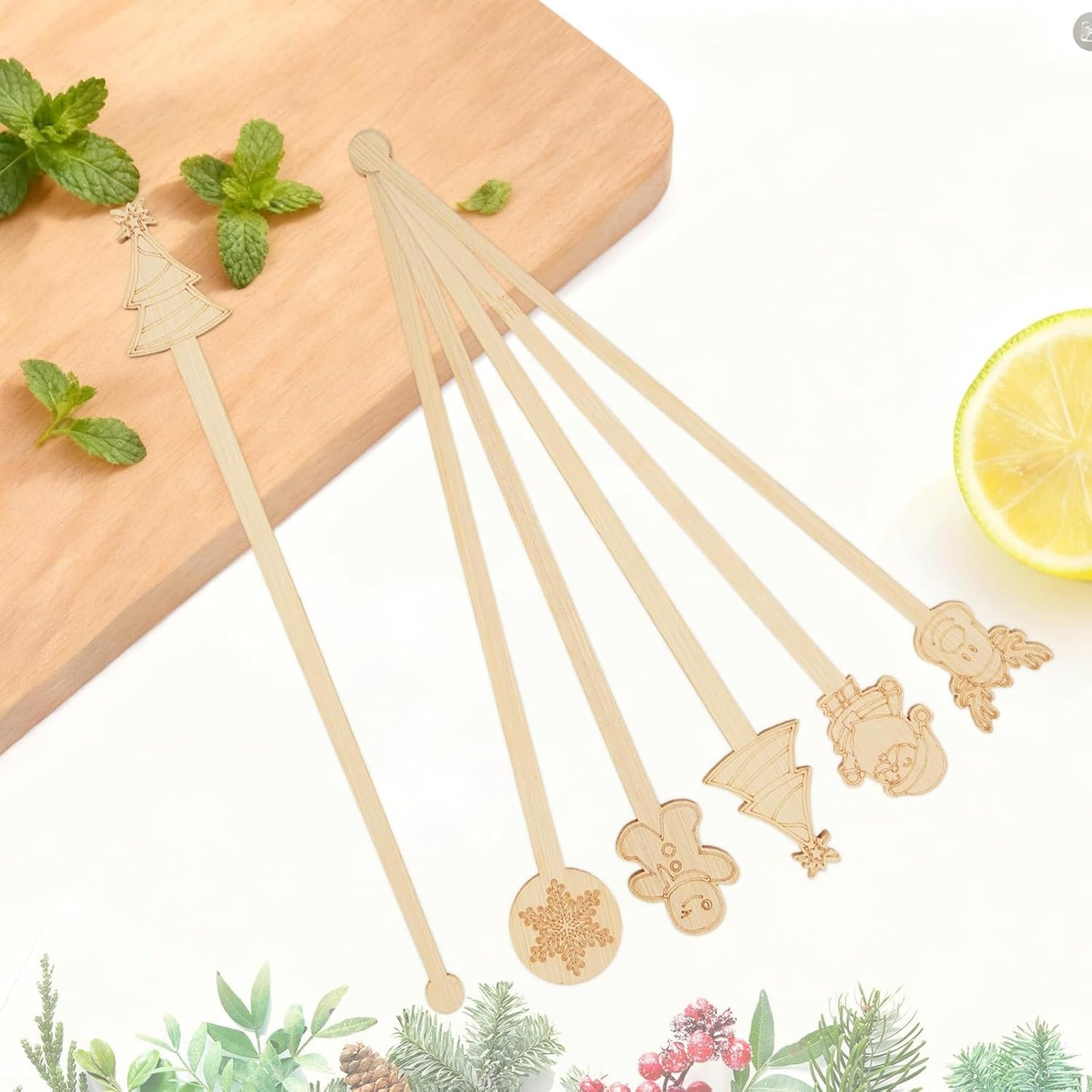 60 PCS Christmas Bamboo Coffee Blender 7 Inch Bamboo Blender Cocktail Blender Biodegradable Disposable Drink Mixer for Christmas Office Milk Cocktail Tea Party Supplies (50)