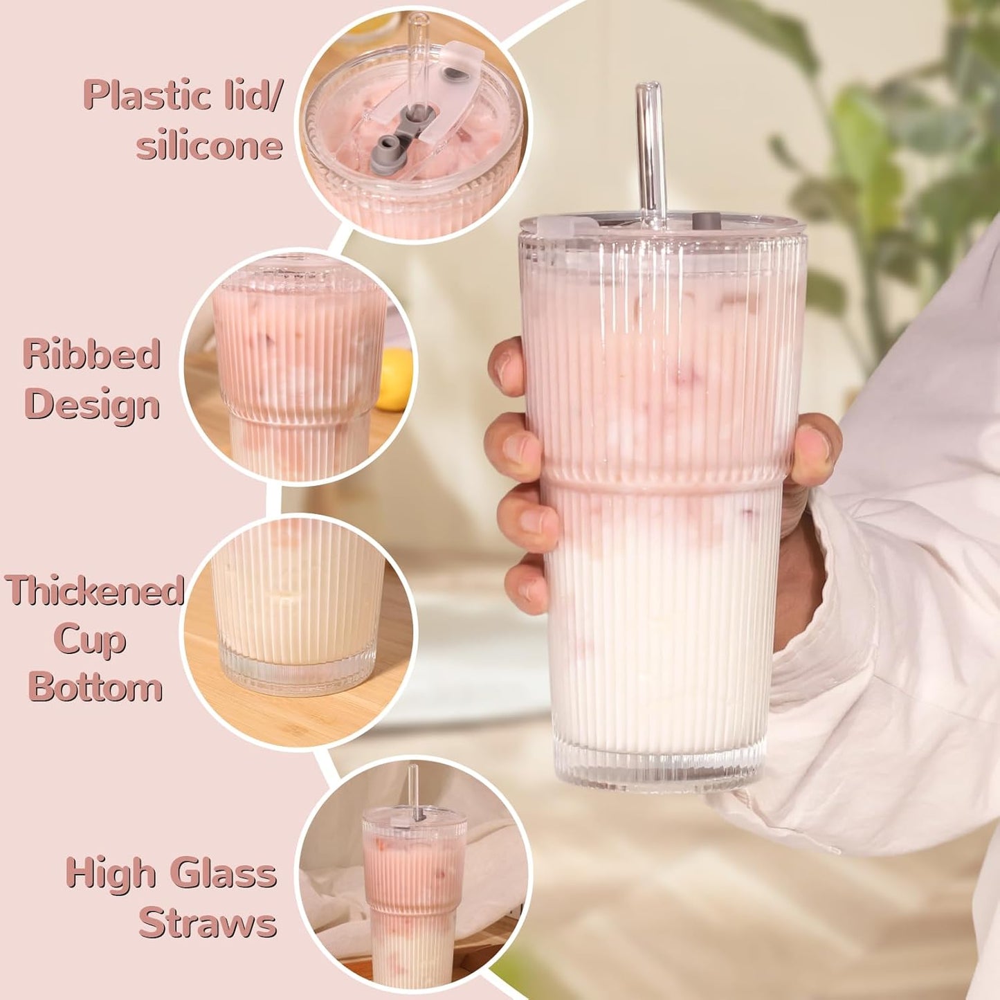 20oz Ribbed Drinking Glasses with Lids and Glass Straws-Thickened Glass cup -Vintage glass straw cups- Ideal for Iced Coffees, Cocktails, Juices, Family Use and Parties (4)