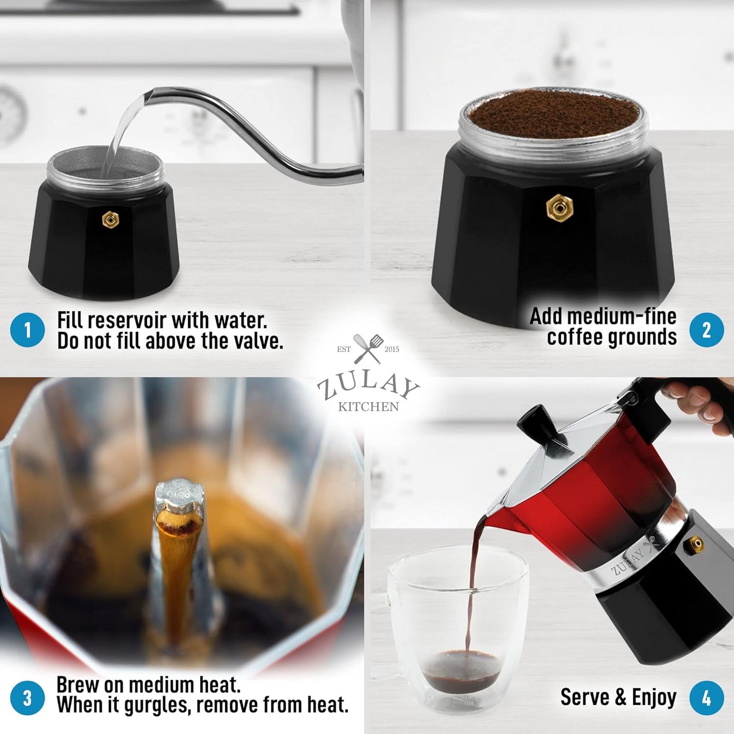 Zulay Kitchen Stovetop Espresso Maker - Moka Pot 3 Espresso Cups - Percolator Coffee Maker for Classic Cuban & Italian Style Espresso - Portable Coffee Maker for Camping & Travel - (Red/Black)