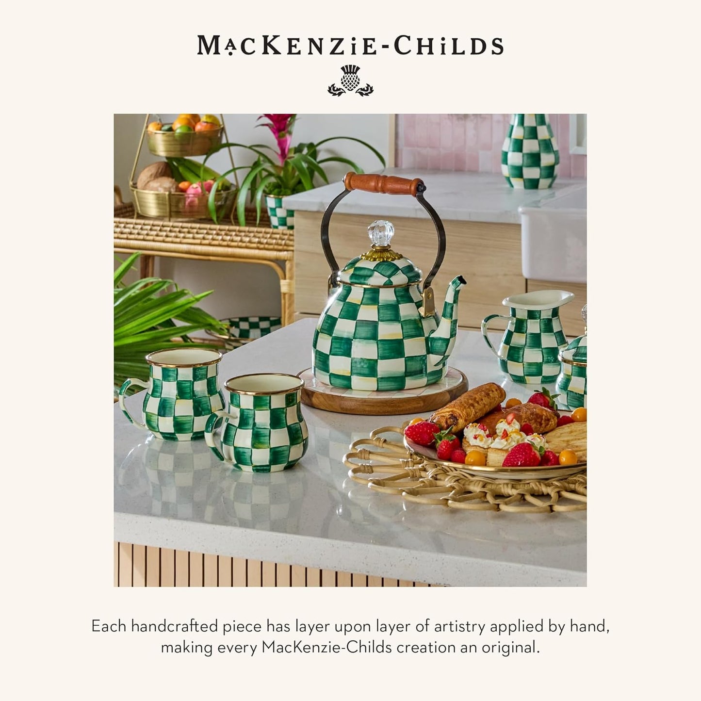 MACKENZIE-CHILDS Enamel Tea Kettle, Stylish Tea Kettle for Stovetop, Green-and-White Emerald Check, 3 Quarts