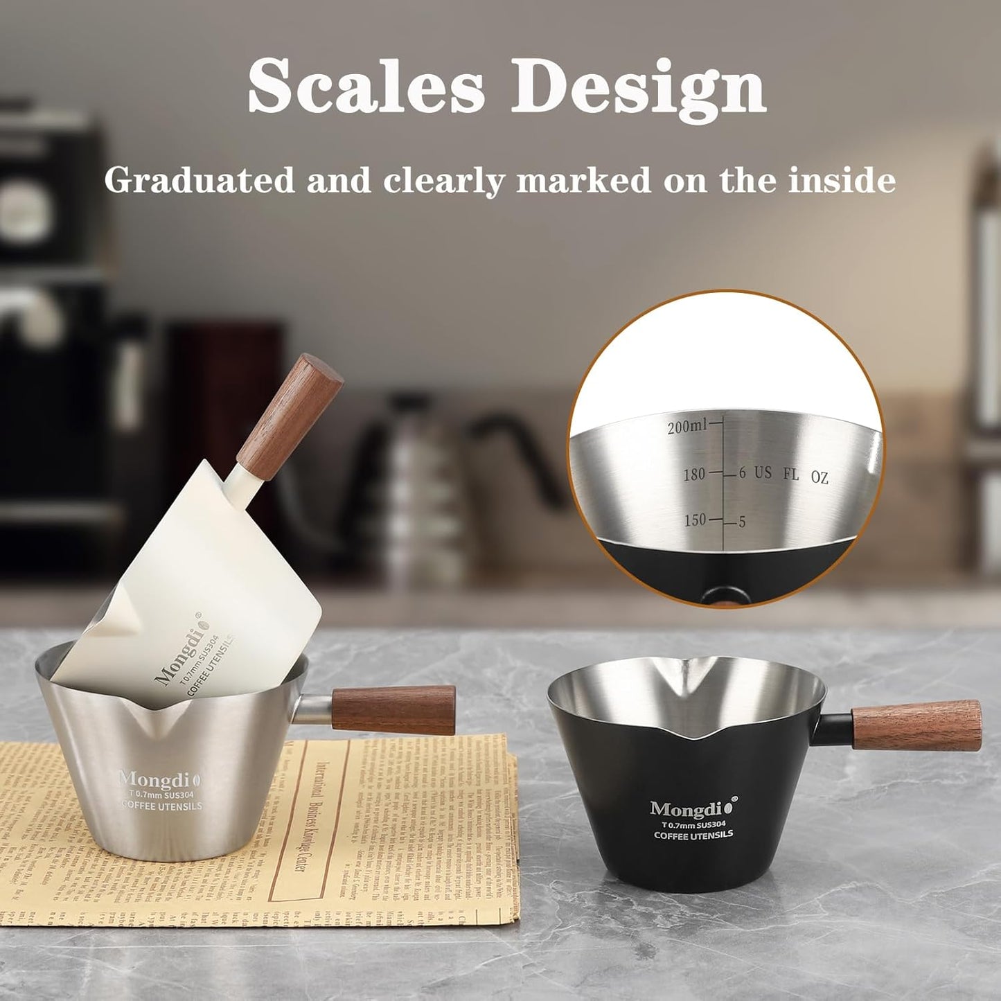 Mongdio 2 Pcs Espresso Measuring Cup, Stainless Steel Espresso Shot Cups with Wooden Handle and Double Spouts, 6.8OZ/200ML, Silver