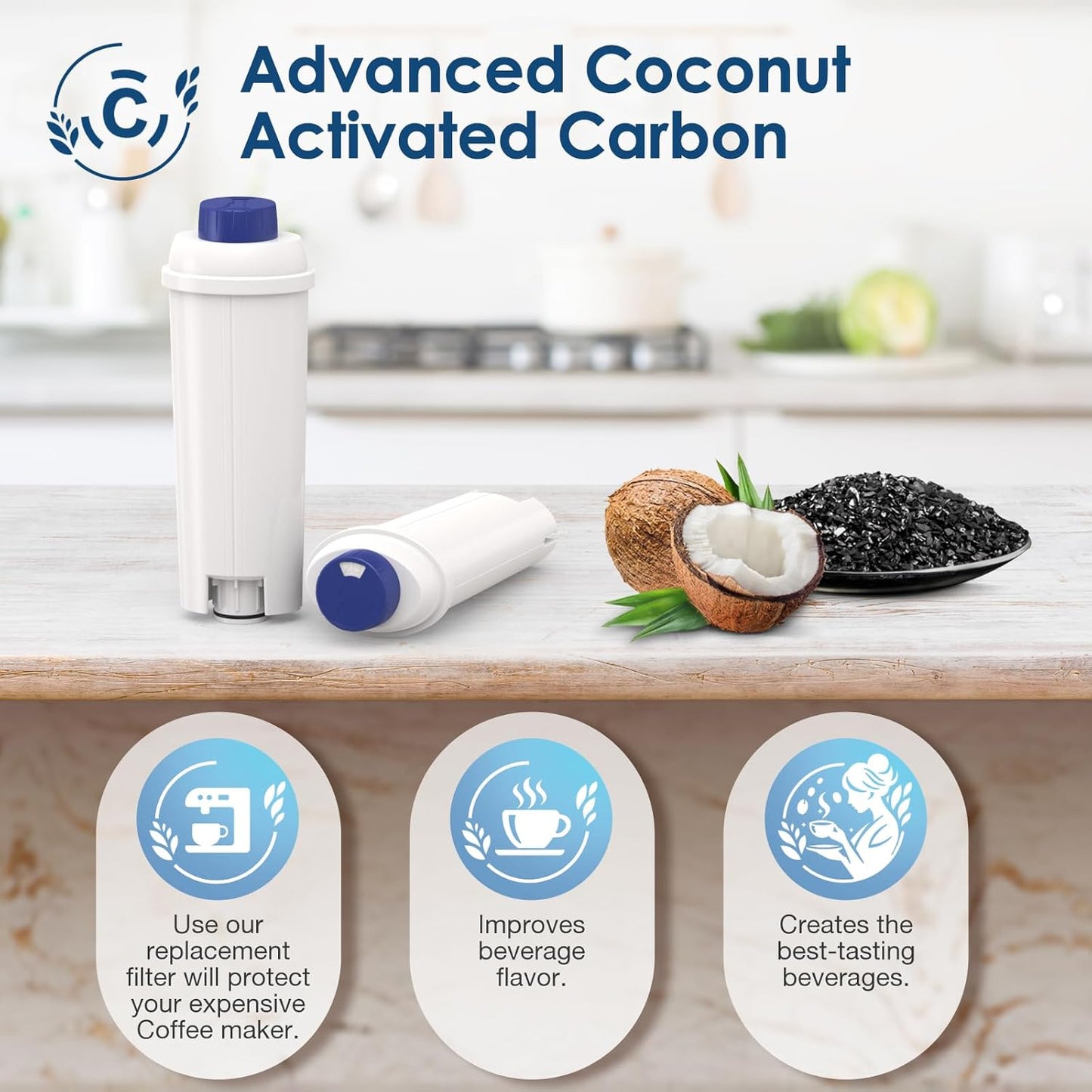 DLSC002 Water Filter Replacement Compatible With Delonghi Coffee Machine Filter Activated Carbon Softener For De'longhi Magnifica evo, Dinamica, Eletta, ECAM, ESAM, ETAM, Bco410/420, Ec680/800, 4 Pack