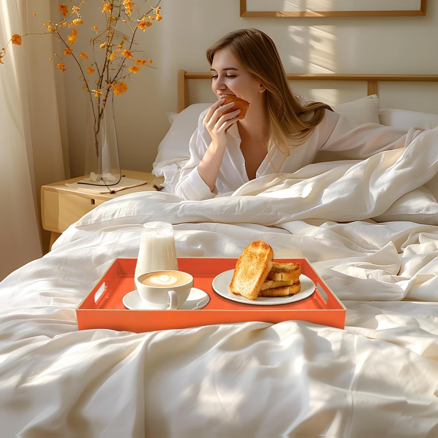 MAONAME Orange Serving Tray with Handles, Modern Decorative Trays for Coffee Table, Plastic Rectangular Trays for Ottoman, Bathroom, Halloween Decor, 15.8” x 10.2” x1.4