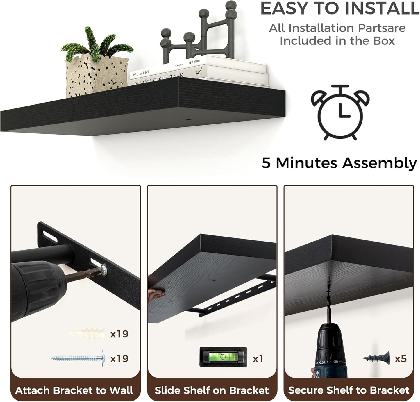 Floating Shelves - 2 Large Wall Mounted Shelves with Invisible Brackets, Long Wood Floating Wall Shelf for Living Room, Bedroom, Kitchen (Black, 36" W x 9" D x 1.5" H)