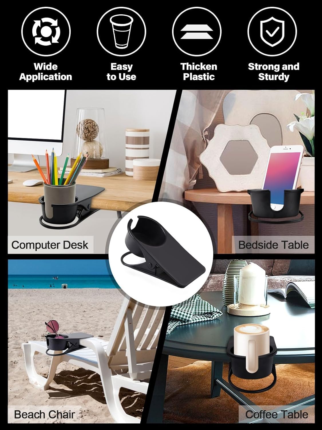 3PCS Drinking Cup Holder Clip Kalolary Chair Desk Bottle Cup Stand DIY Glass Clamp Storage Saucer Clip with Groove for Potted Plant Beverage Coffee Mug Holder Clip for Home & Office (Black)