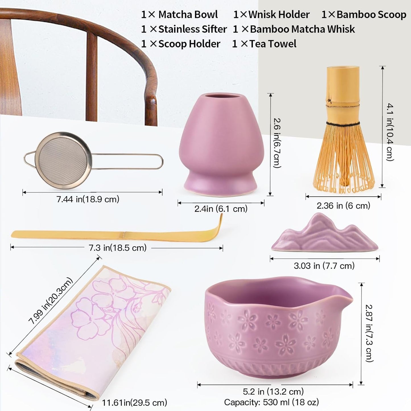 Matcha Whisk Set - Traditional Japanese Handmade Bamboo Matcha Whisk and Holder, Matcha Bowl,Bamboo Scoop, Scoop Rest, Sifter and Tea Towel (Purple)