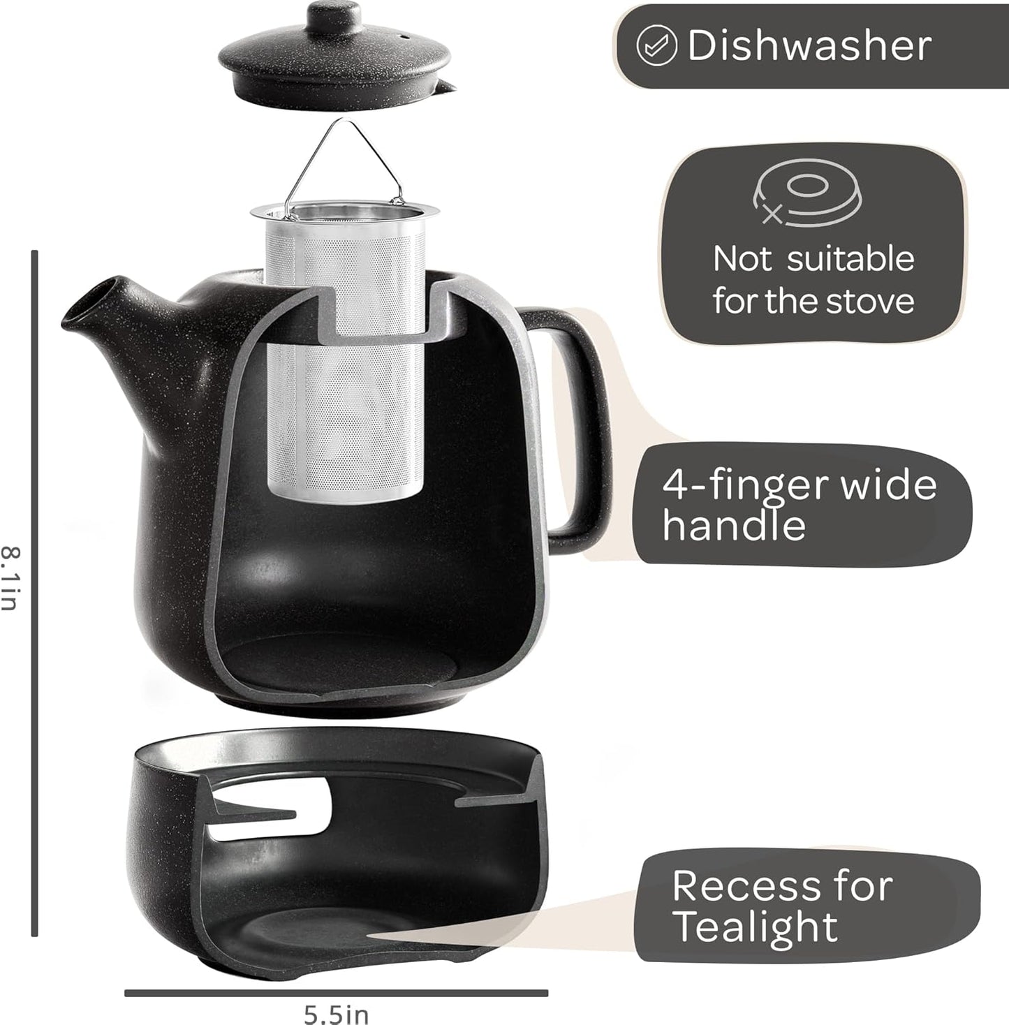 Steinzeit Design Tea Pot with Warmer (44 oz) - Premium Ceramic Teapot with Infuser for Loose Tea - Black Teapot Ceramic with Removable Steamer