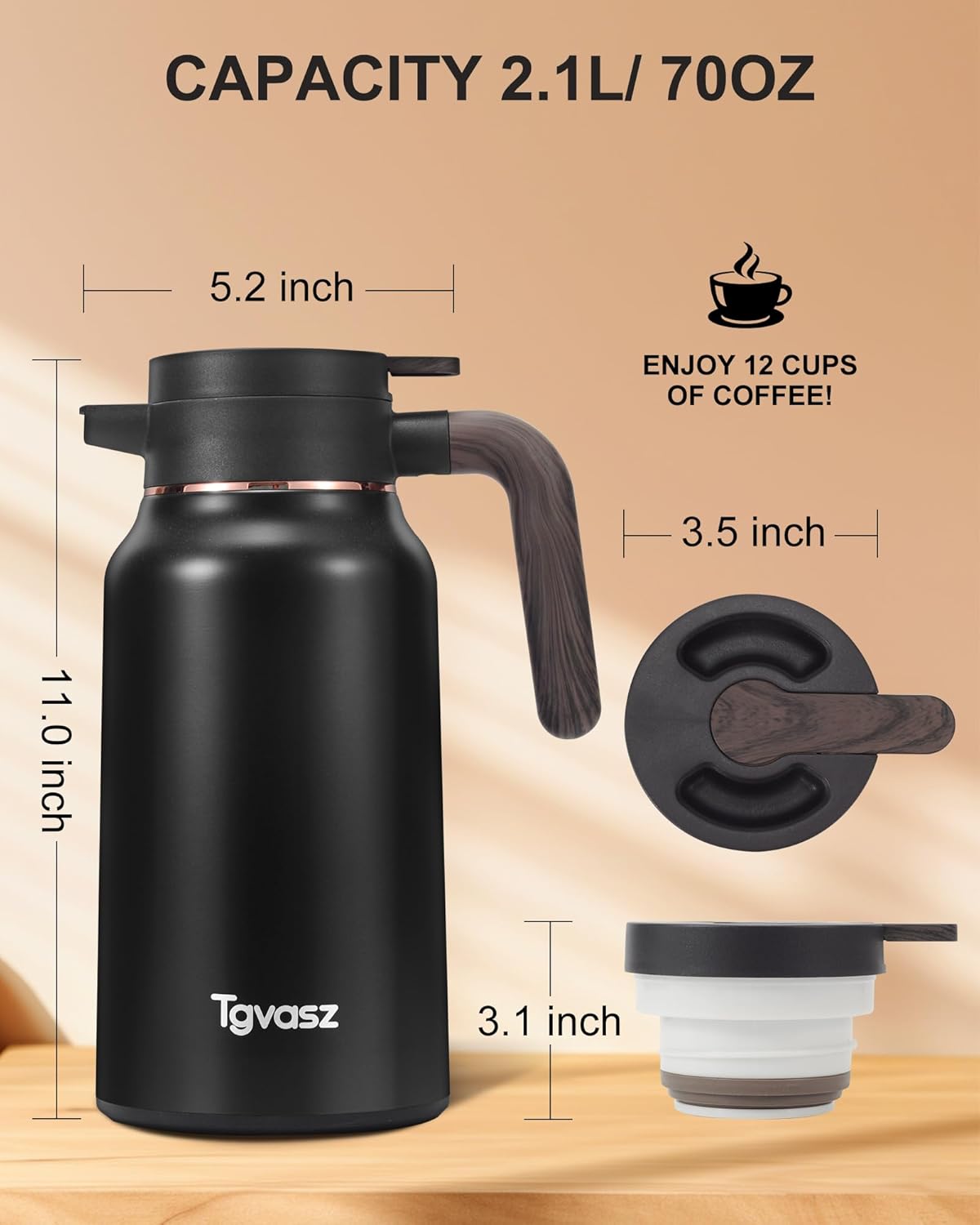 2 PCS Thermal Coffee Carafe 70 oz - 36 Hour Stainless Steel Carafes for Hot Liquids-Insulated Coffee Carafes For Keeping Hot/Cold Coffee, Tea, (Black+Silver)