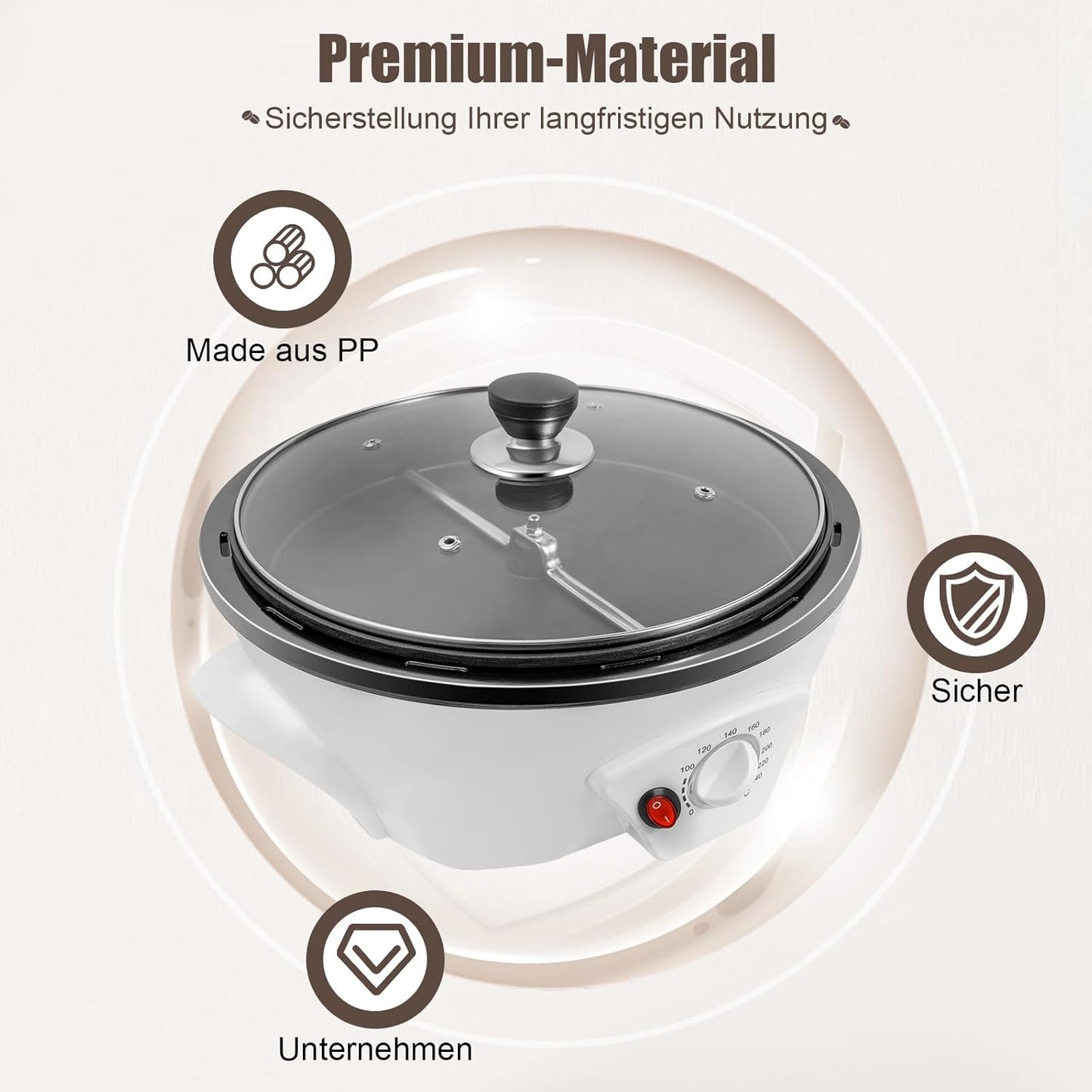 Coffee Roaster Machine for Home Use, 800W Tostadora De Cafe Coffee Bean Roaster Adjustable Temperature with Stir Bar And Glass Cover for Beans, Red Beans, Nuts