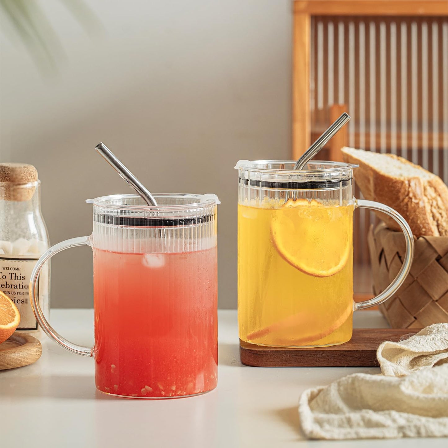 KEMORELA Large Ribbed Glass Tumbler with Handle & Lid, 2‑Pack 1000 ml / 34 oz Glass Cups with Reusable Straw – Thickened Ribbed Glass Mug for Iced Coffee, Juice, Smoothie & Cold Drinks