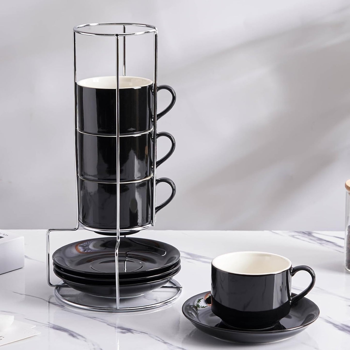 8 Ounce Porcelain Cappuccino Cups with Saucers and Silver Stand, Black Cups Set of 4