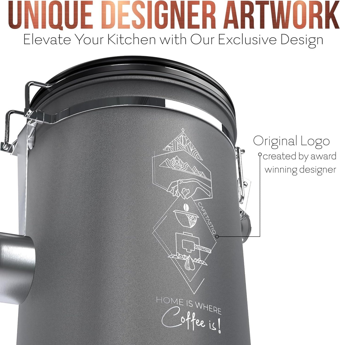 Coffee Canister – Airtight Stainless Steel Storage Container with Date Tracker & Scoop, Sealed Jar for Grounds, Beans, Tea, Flour, Cereal, and Sugar (Gray Home, 22OZ)