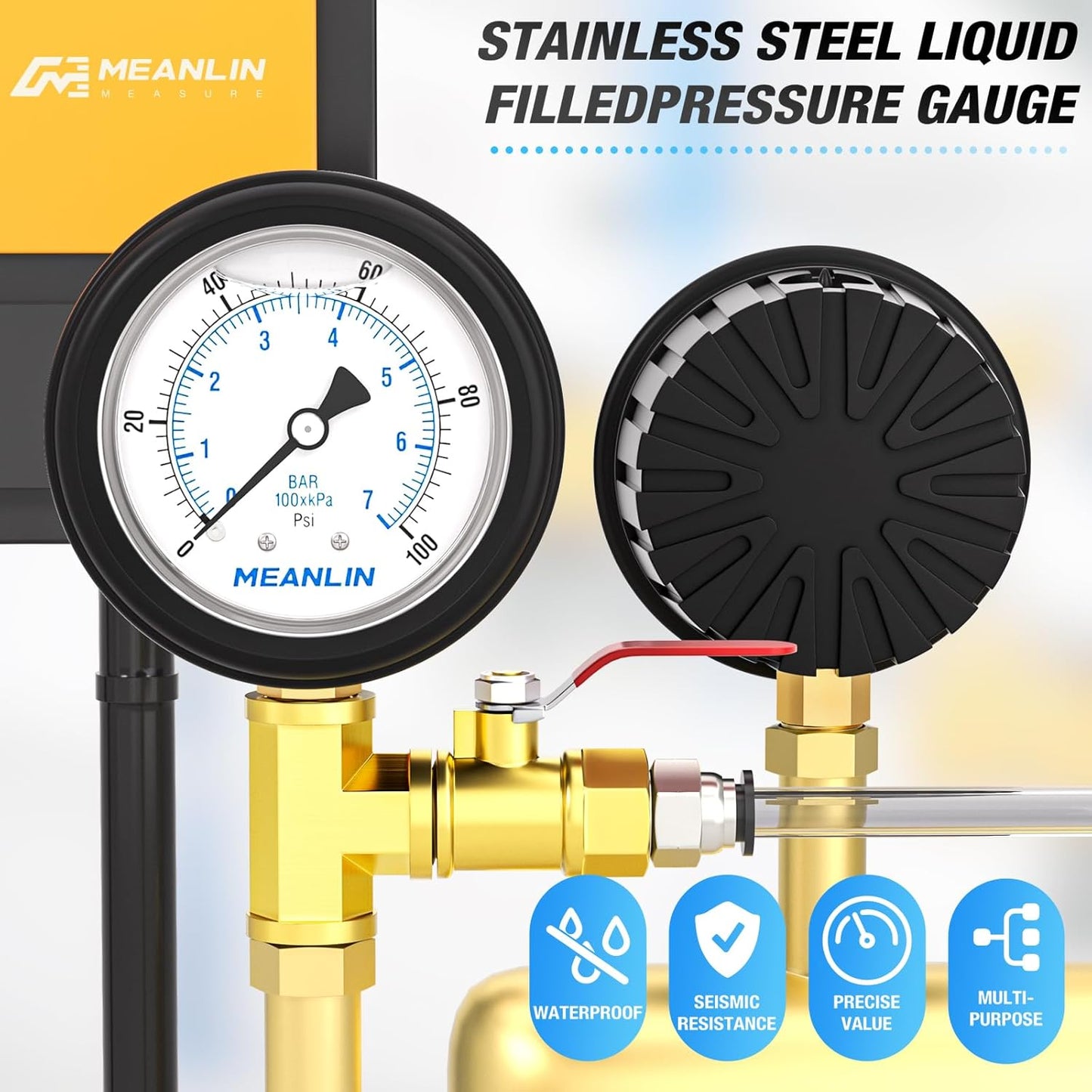 MEANLIN MEASURE 0~100Psi Stainless Steel Liquid Filled Pressure Gauge 1/4" NPT 2.5" FACE DIAL with Rubber Protective Sleeve, Lower Mount