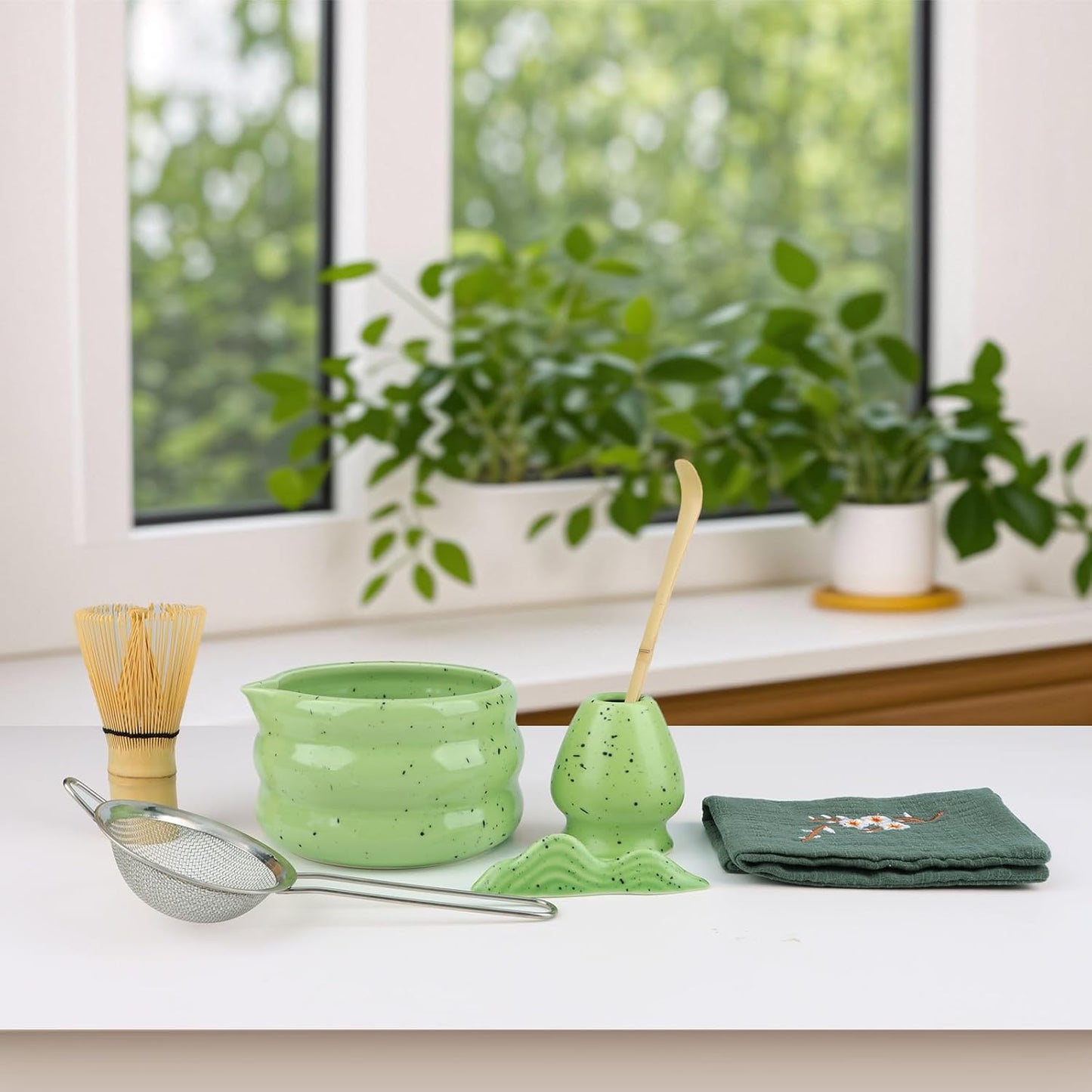 Goldmeet Matcha Set 7 Pcs Matcha Green - Japanese Tea Ceremony Kit with Bowl, Whisk, Holder, Scoop, Strainer - Matcha Gift Set