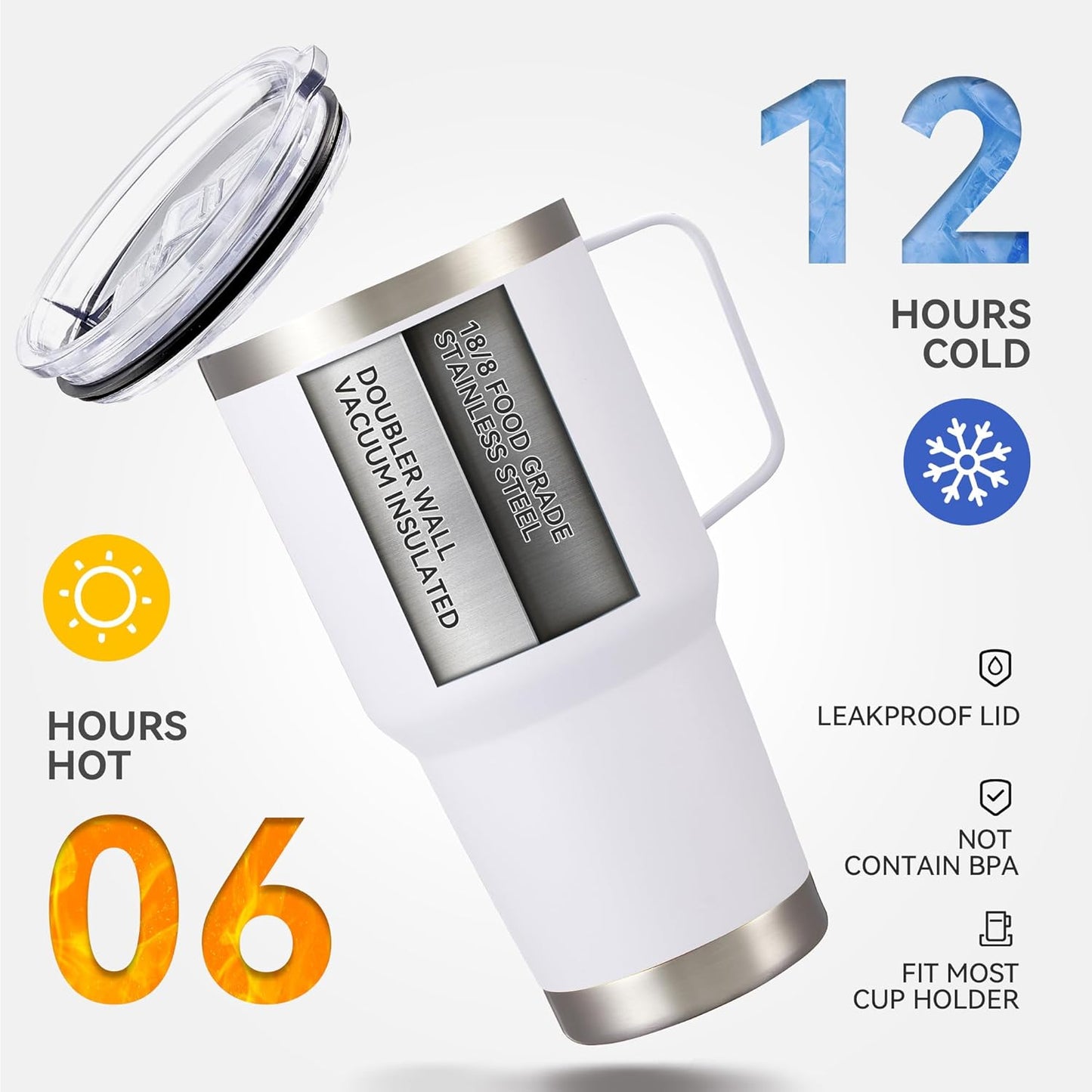 30 oz Tumbler with Handle and Lid, Stainless Steel Tumblers Double Wall Vacuum Insulated Travel Mug Leak Proof Cup Keep Drinks Cold and Hot White, 1 Pack
