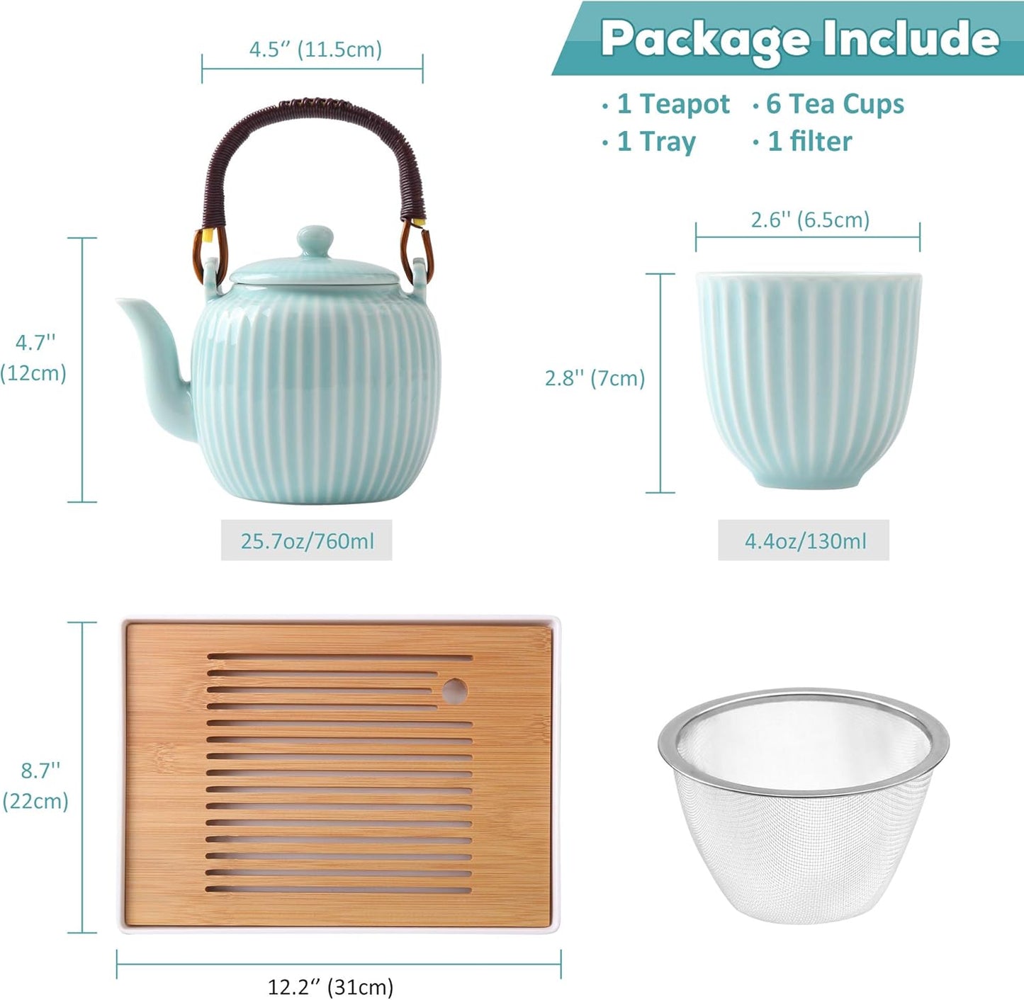 Dujust Japanese Tea Set, Cyan-blue Porcelain Tea Set with 1 Teapot Set, 6 Tea Cups, 1 Tea Tray, 1 Stainless Infuser, Asian Tea Sets for Adults/Tea Lover/Women/Men (Bamboo - Straight Grain Design)