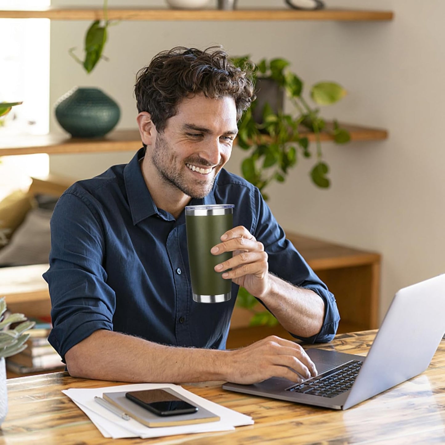 20oz Tumbler Bulk with Lid and Straw, Stainless Steel Double Wall Vacuum Insulated Travel Mug, Powder Coated Coffee Cups for Hot and Cold Drinks,Funny Gifts for Women Men(Navy Green,4)