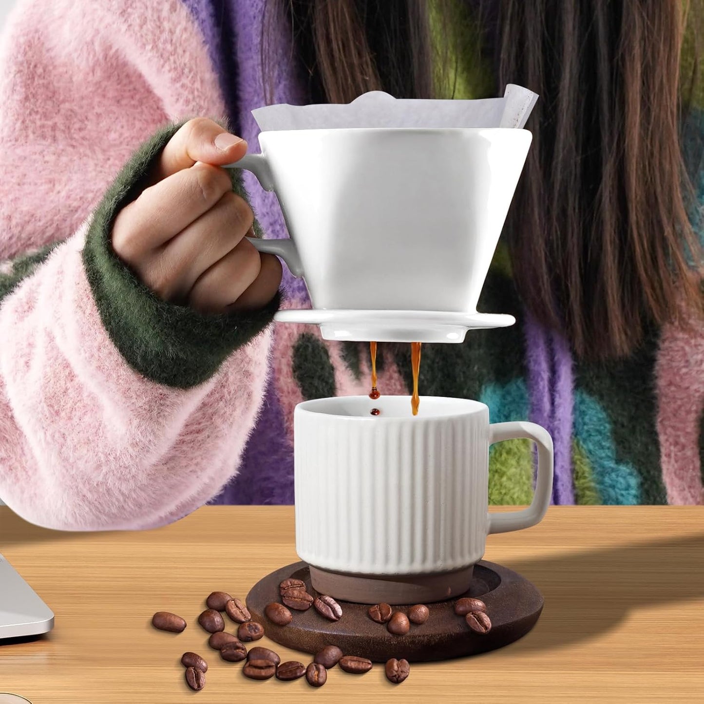 Handmade Pour Over Ceramic Coffee Dripper - Authentic Brewing Experience for Camping, Office, and Home (White)