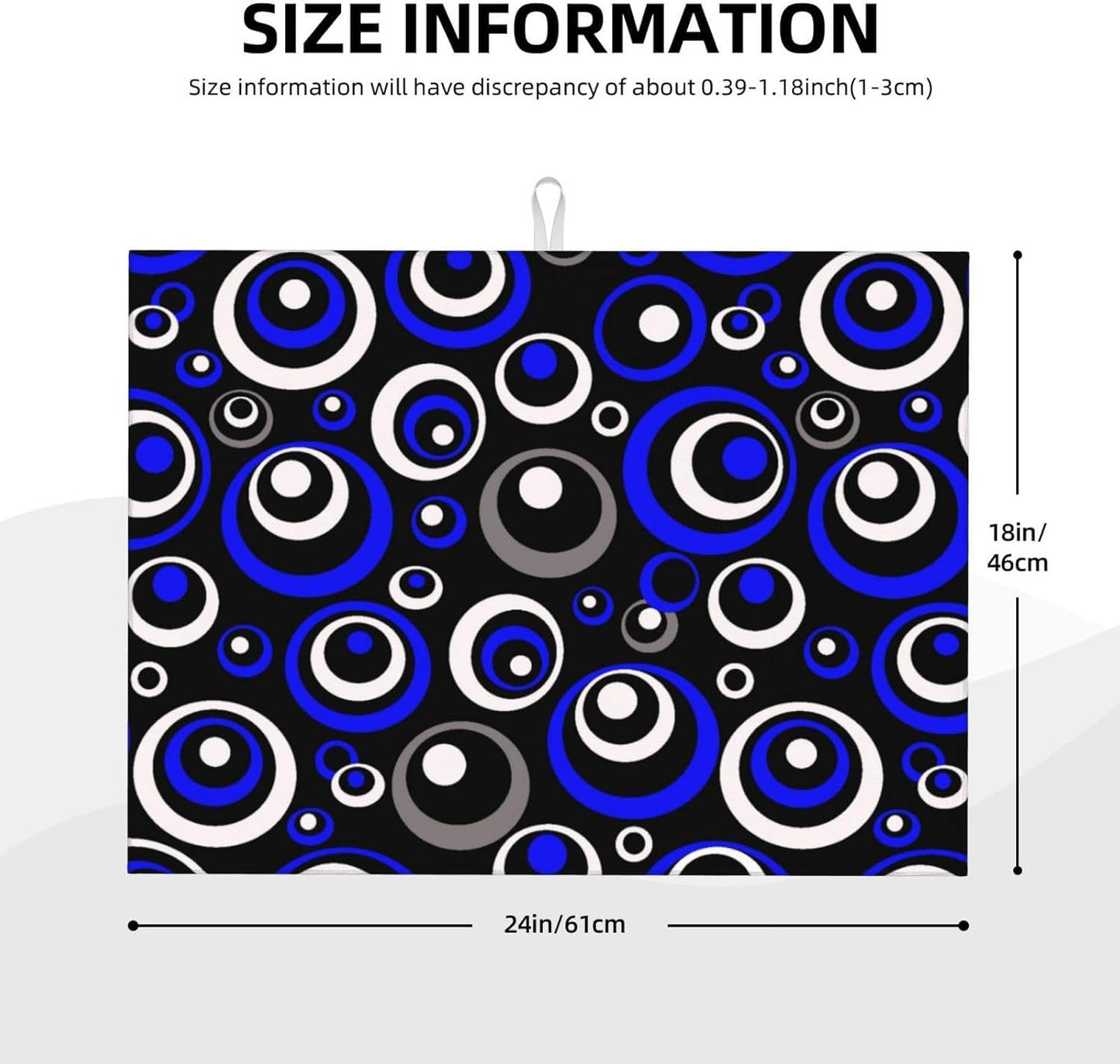 Blue Black White Geometric Circle Dish Drying Mat for Kitchen Counter, 18" x 24" Absorbent Microfiber Drying Pad for Dishes, Modern Decor Kitchen Mat, Foldable, for Sink Dining Area Small Appliances