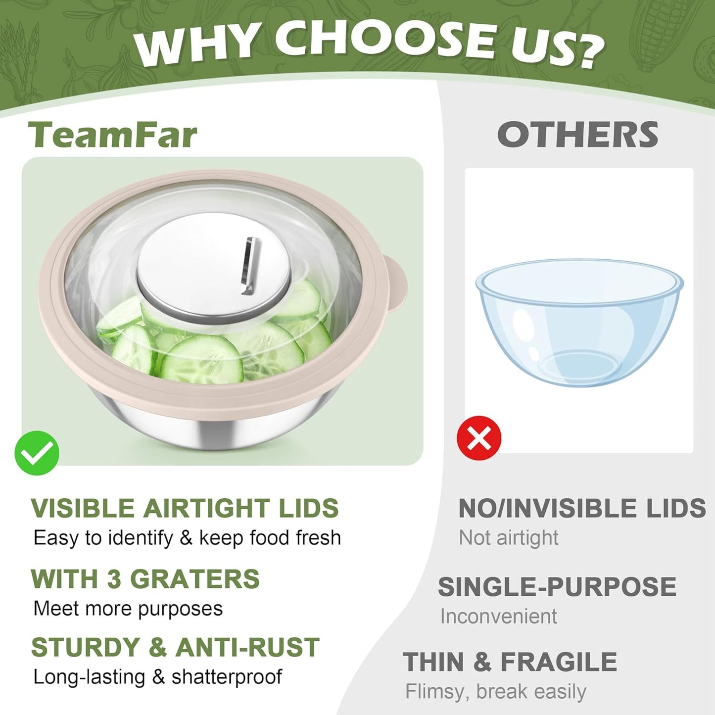 TeamFar Mixing Bowls, 3PCS Stainless Steel Serving Salad Bowls with Lids & 3 Graters, For Kitchen Mixing/Baking/Storing/Prepping, Visible & Airtight, Easy Clean - 4.5/3 / 1.5 QT, Khaki