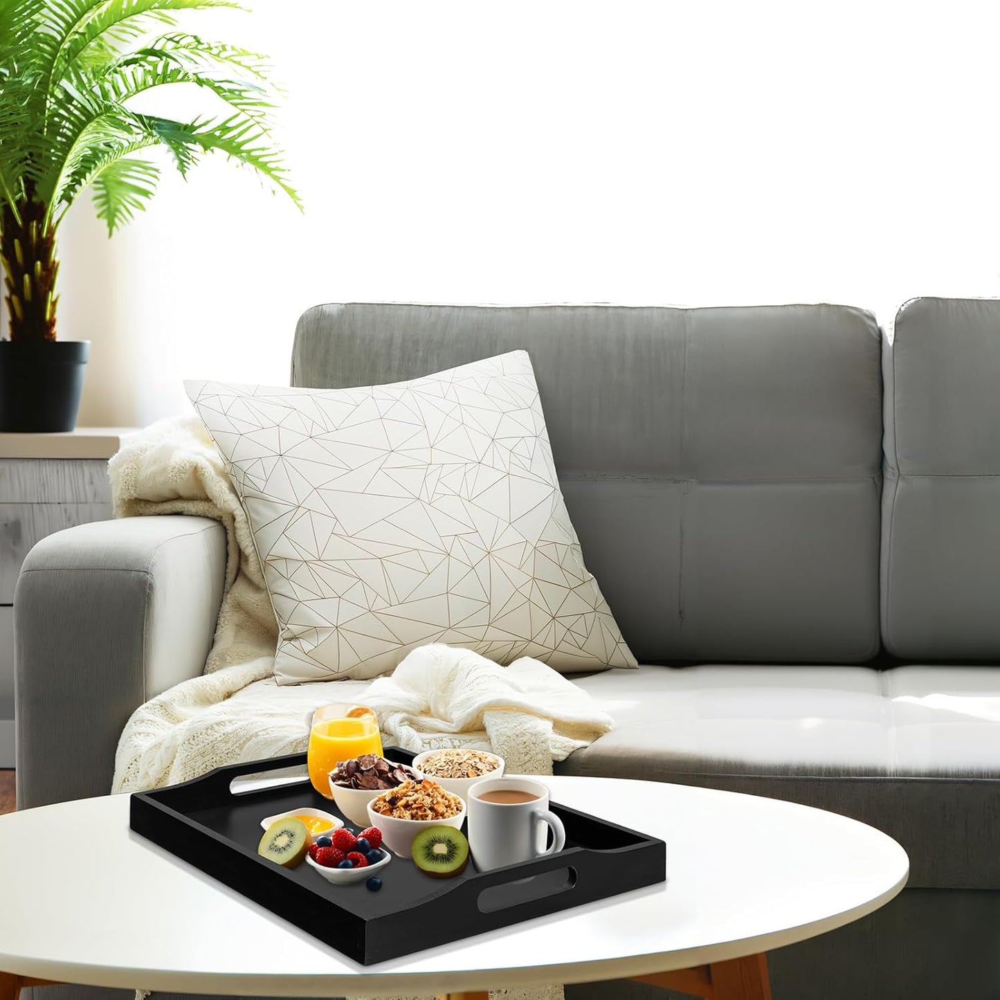 Bamboo Food Serving Tray with Handles, Breakfast Bed Tray for Tea,Snack,Dinner, Home Decorative Storage Food, Platter, Ottoman for Kitchen Counter, Bathroom, Restaurant (Black)