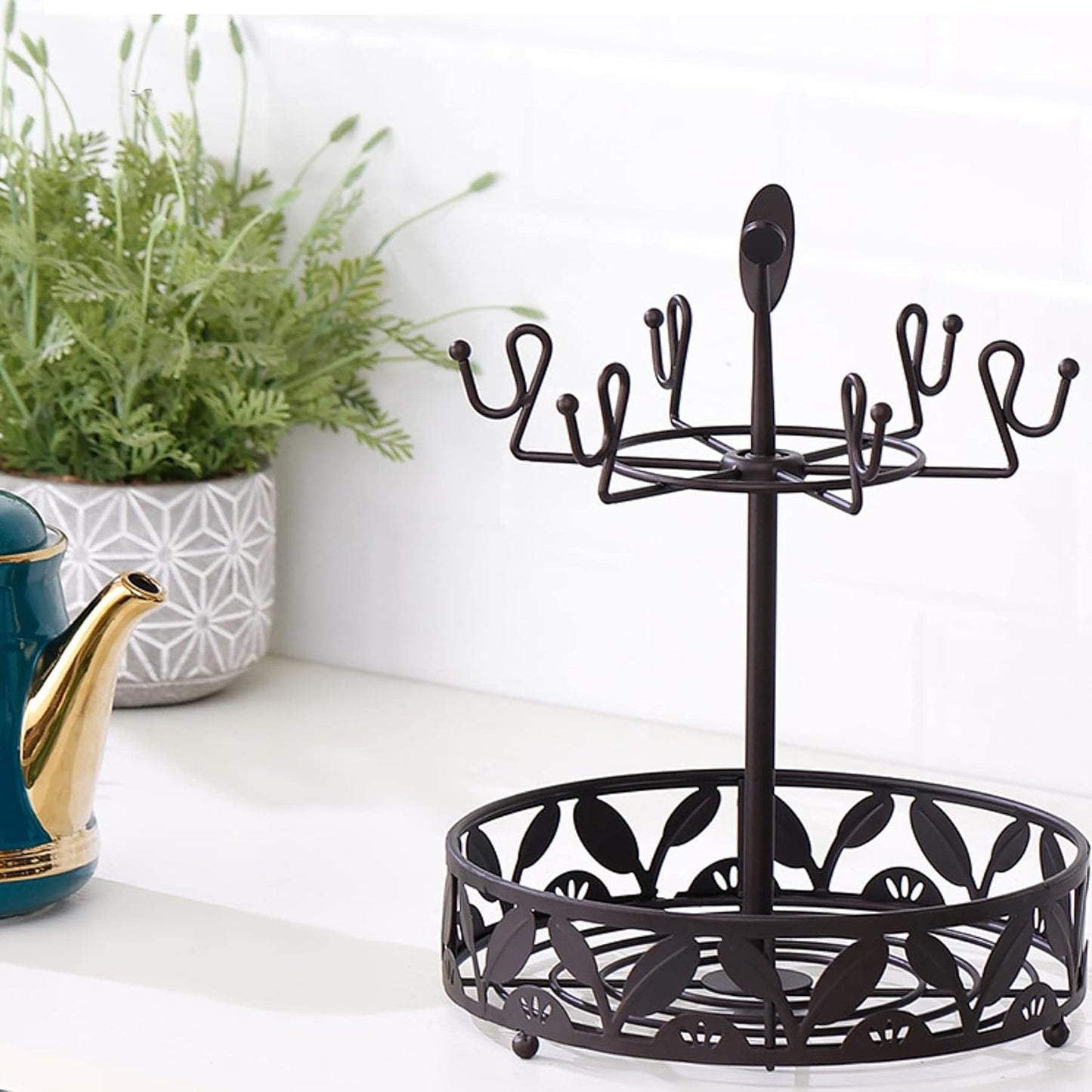 Coffee Mug Holder with Coffee Pod Basket Storage, Rotatable 6-capacity Cup Mug Holder Tree, Coffee Counter Bar Accessory & Kitchen Organizer