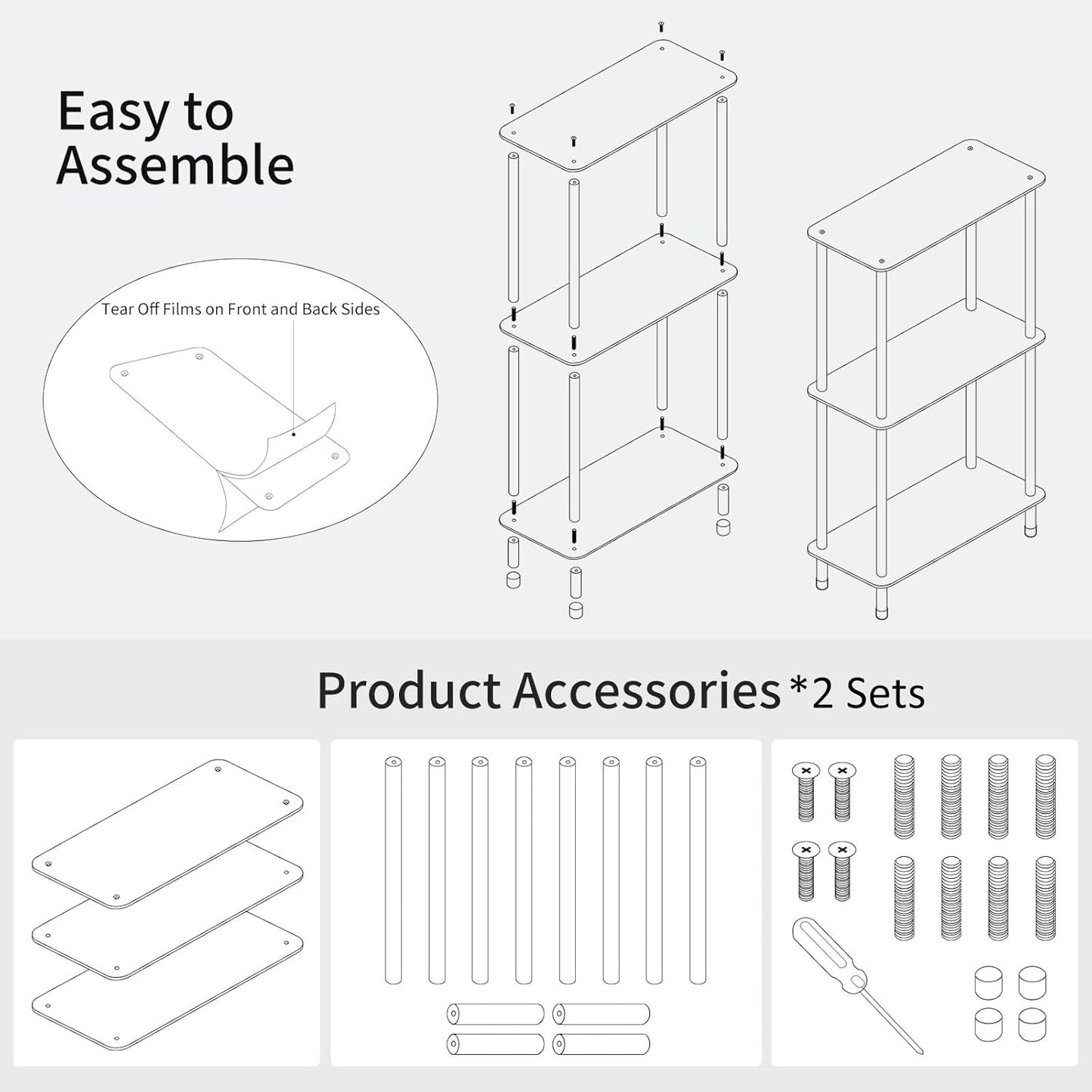 Clear Acrylic Narrow Side Table Set of 2 for Small Spaces, 15.75" L x 7.87" W x 26.7" H, 3 Tier Rectangle Slim End Table Nightstand, Small Mini Skinny Bedside Table for Bedroom, Living Room