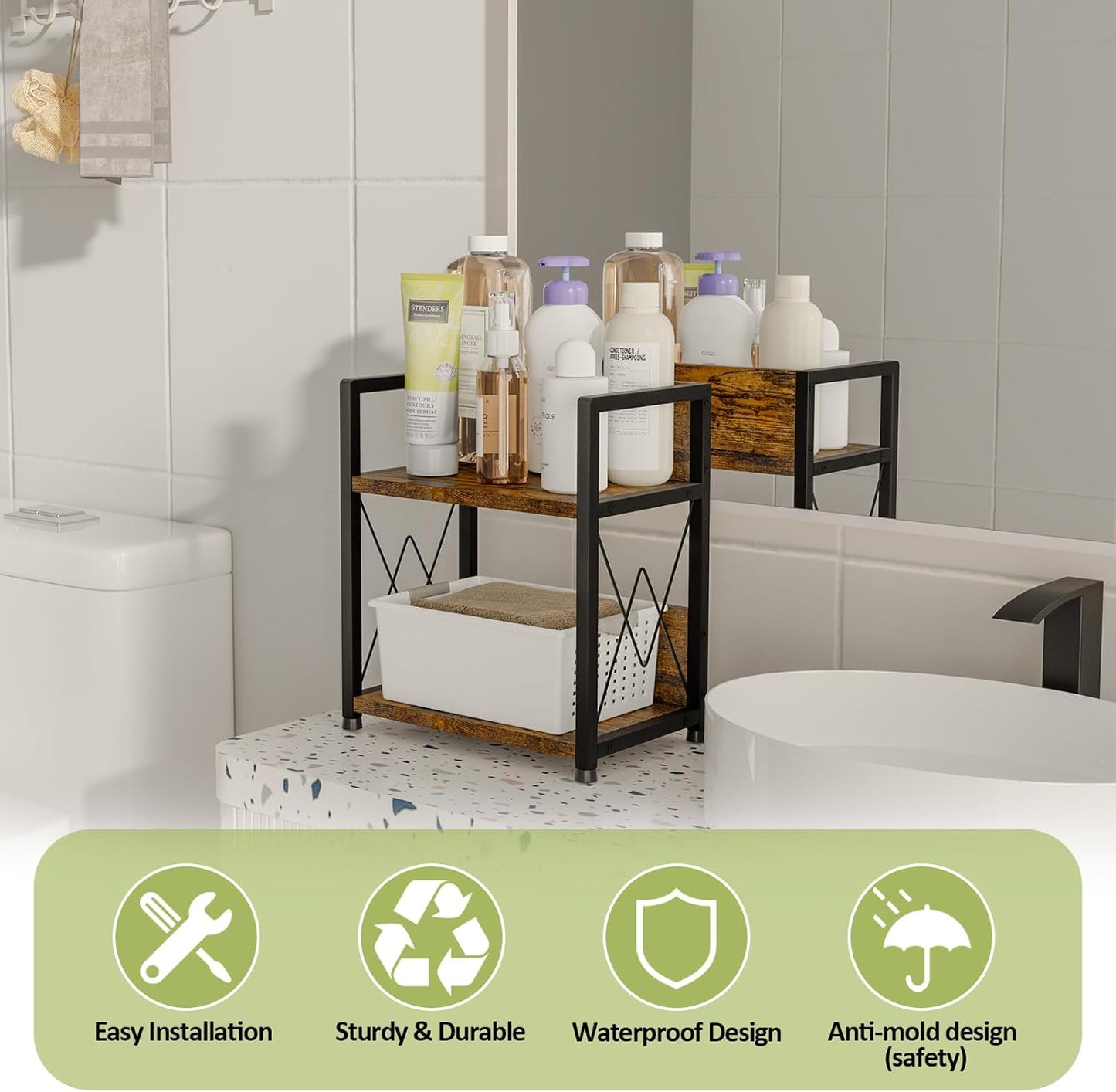 Aduanbang Coffee Bar Accessories Organizer, 2 Tier Wooden Kitchen Counter Shelf, Coffee Organizer Station for Countertop, Condiment Rack for Mugs, Cups, Cream, Syrup