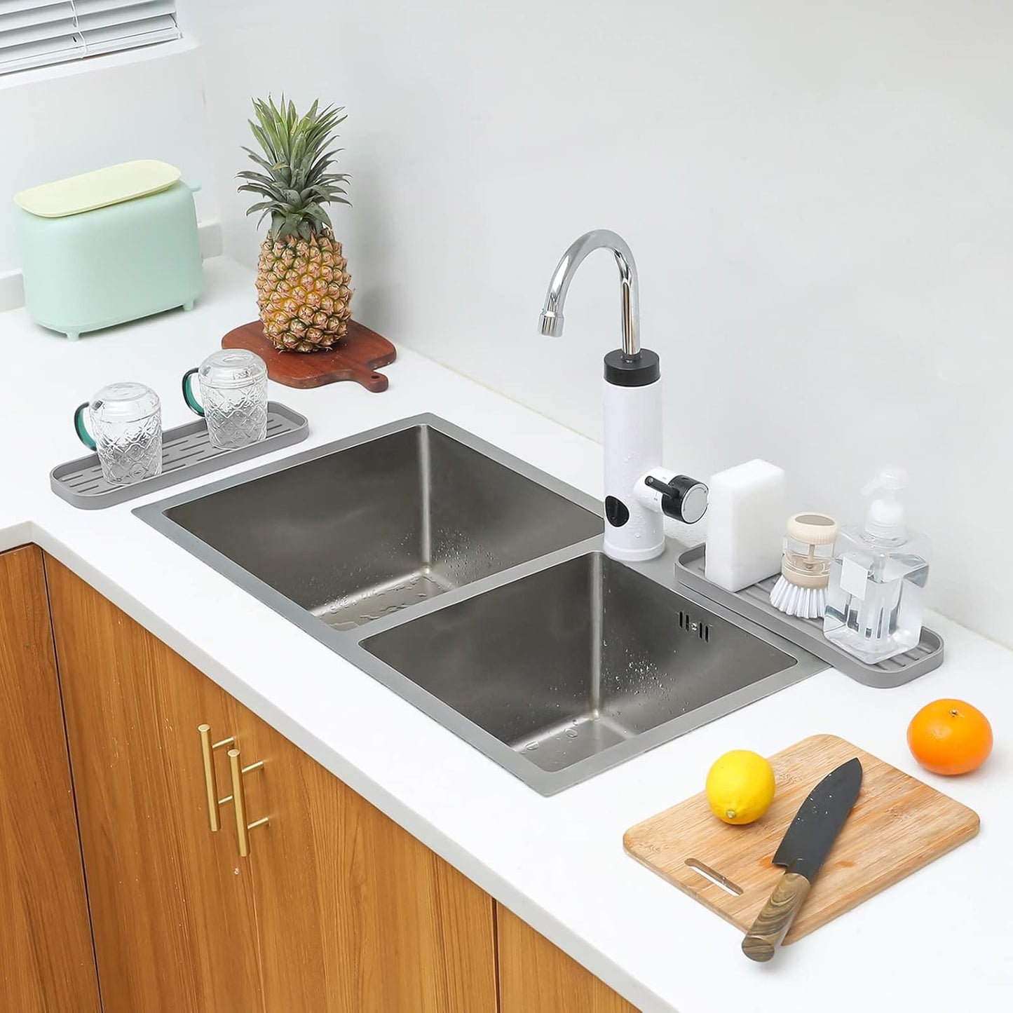 Silicone Kitchen Sink Organizer Tray for Multiple Usage,Eco-Friendly Sponges Holder for Kitchen Bathroom Counter or Sink,Dish Soap Dispenser,Scrubber,Bottle,Cup (Grey, 12"×4")