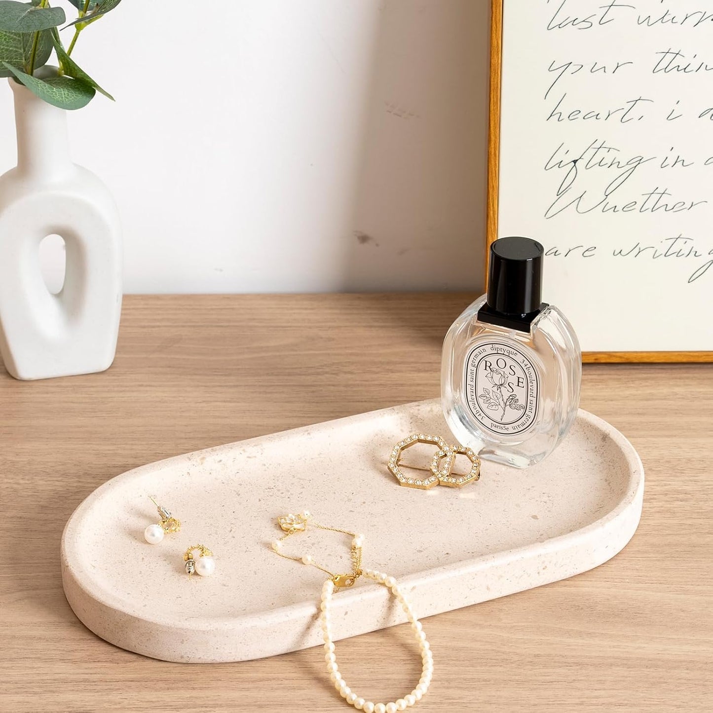 Koville Natural Marble Tray for Bathroom, Vanity Decorative Marble Trays for Countertop Organizer, Catchall Trays for Perfume, Candles, Jewelry, Stone Tray for Decor(Moca Crema Yellow)