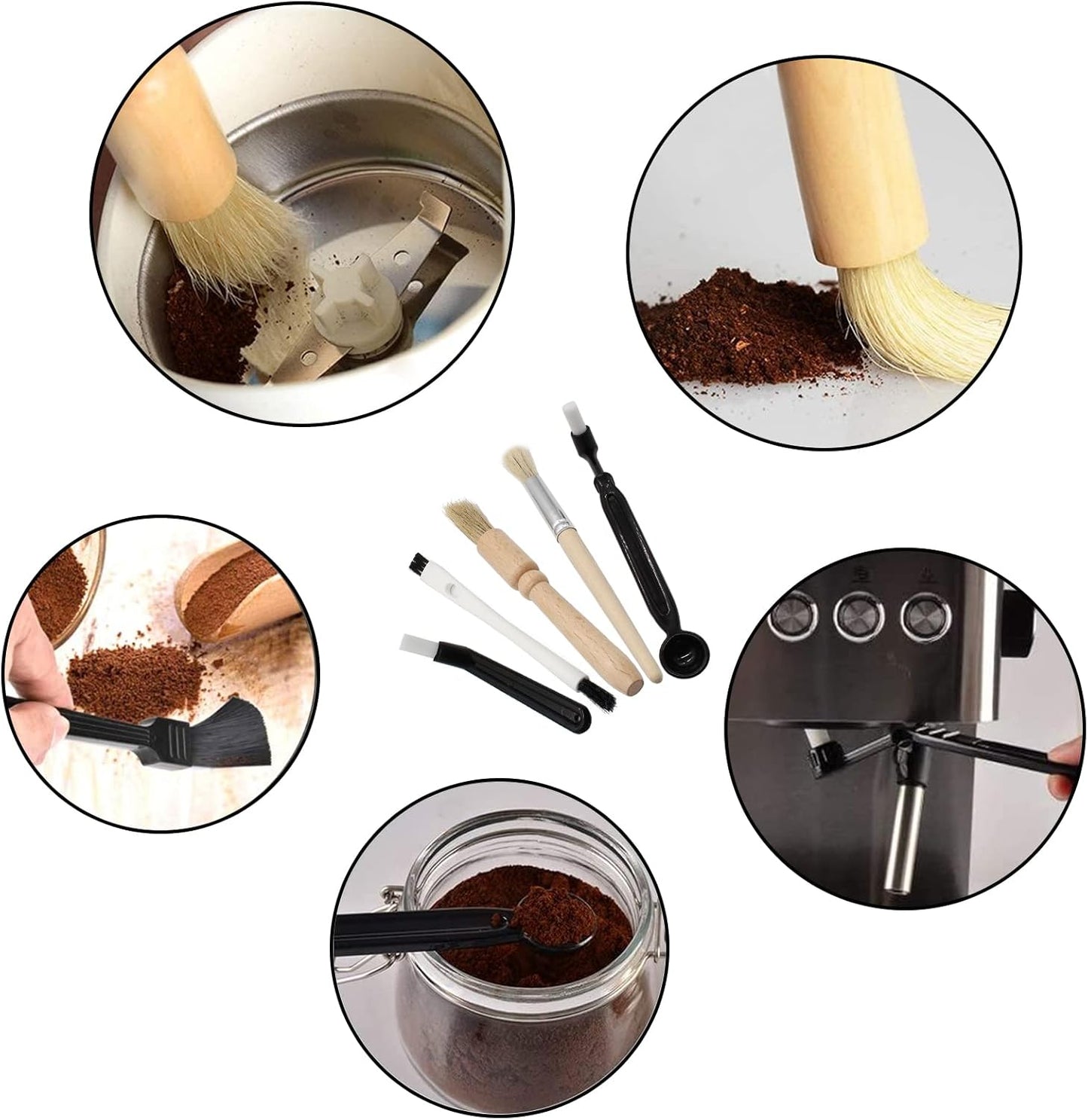 Coffee Grinder Cleaning Brush, Espresso Machine Brush Kit Wood Handle & Natural Bristles Wood Dusting Espresso Brush Set with Spoon for Bean Grain Coffee Tool (Pack of 5)